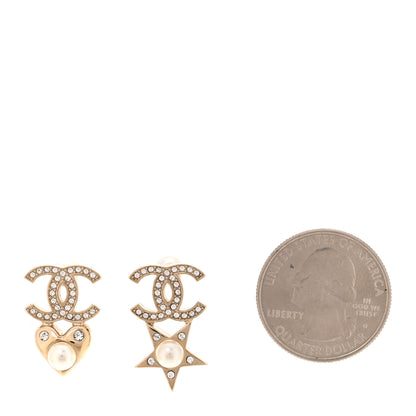 Chanel Crystal Pearl Charming Winter CC Star Heart Clip On Earrings Gold 2 of 5