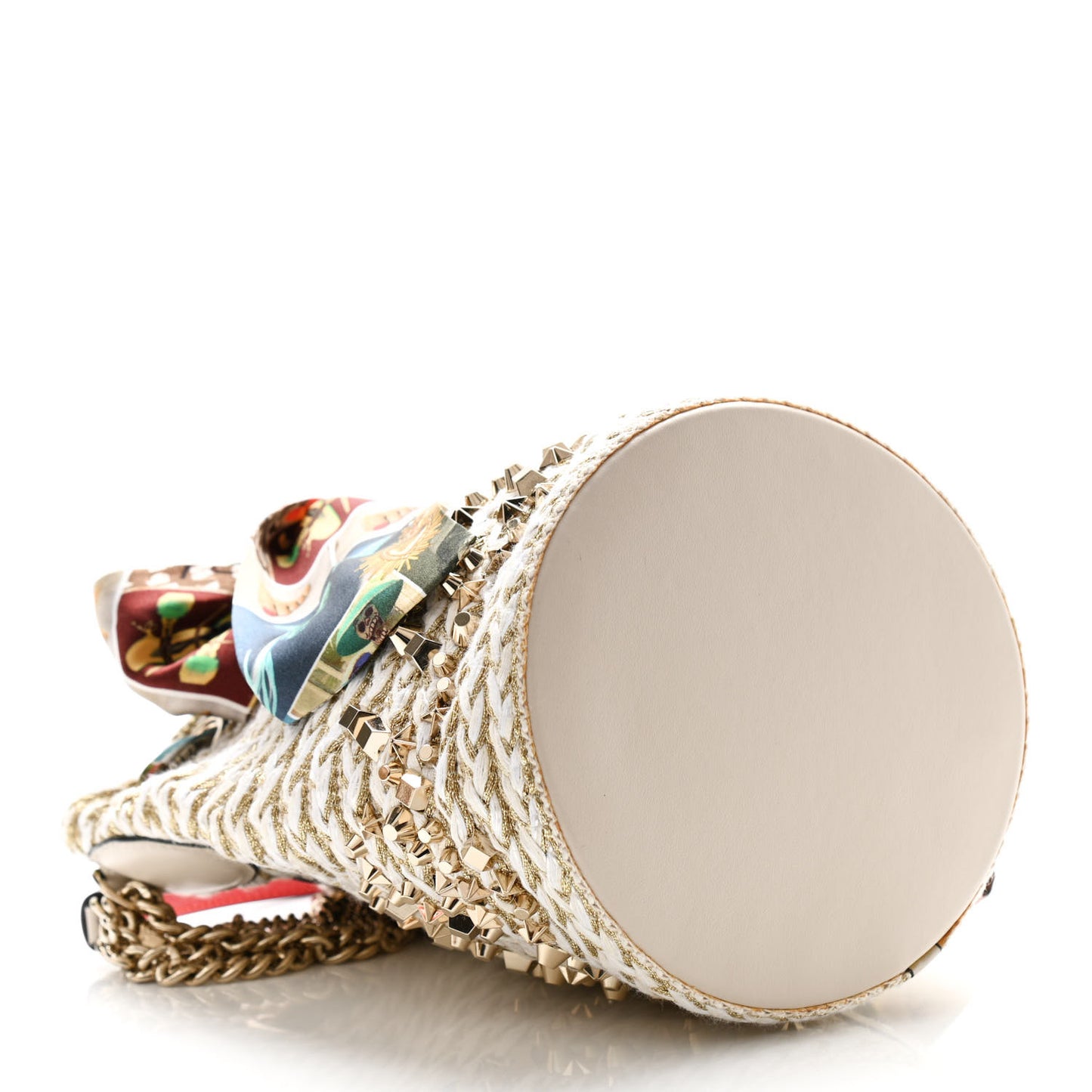 Woven Jute Crepe Satin Studded Marie Jane Bucket White Gold