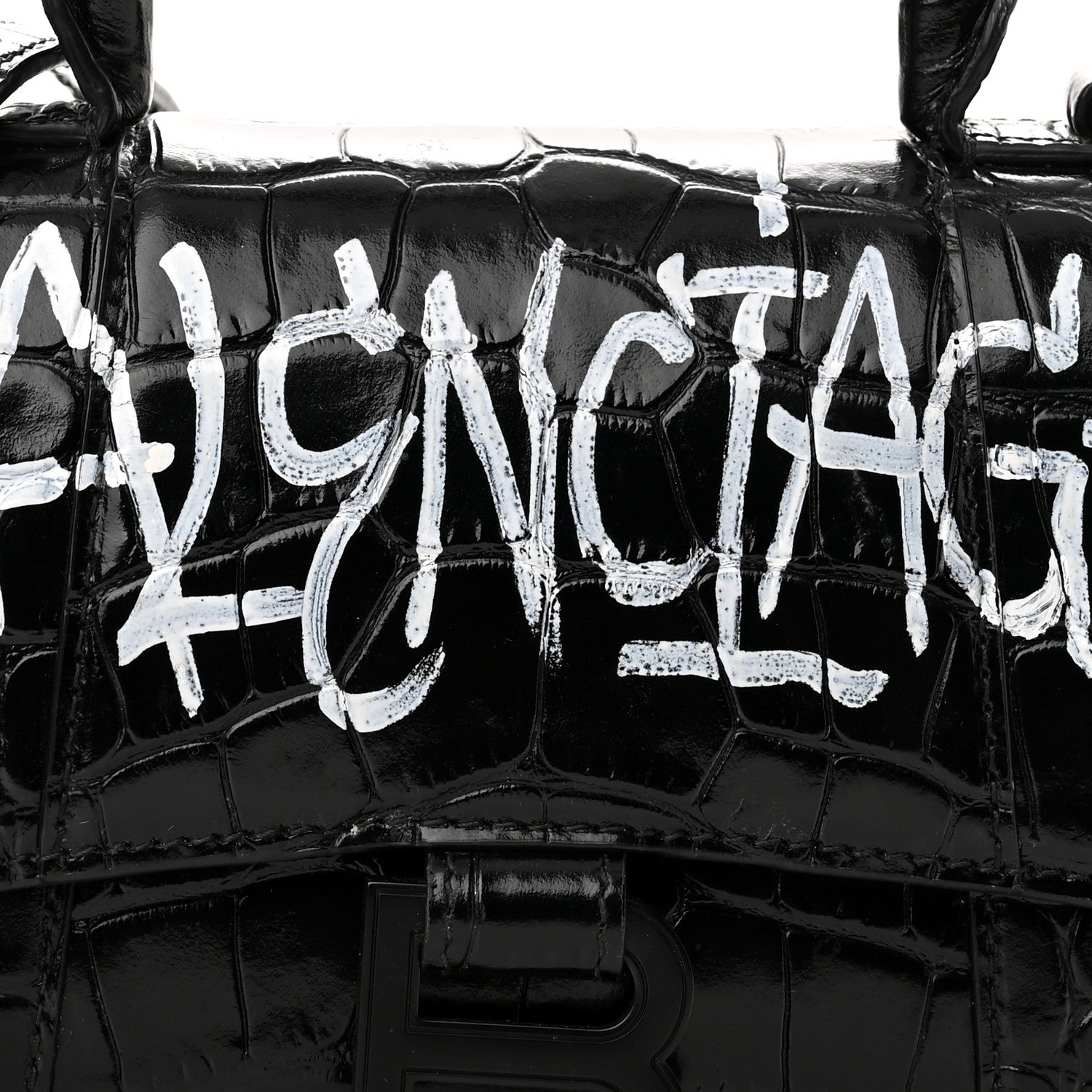 Balenciaga Calfskin Graffiti Logo Monochrome Crocodile Embossed Hourglass Top Handle Bag XS Black 7 of 14