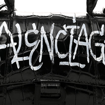 Balenciaga Calfskin Graffiti Logo Monochrome Crocodile Embossed Hourglass Top Handle Bag XS Black 7 of 14