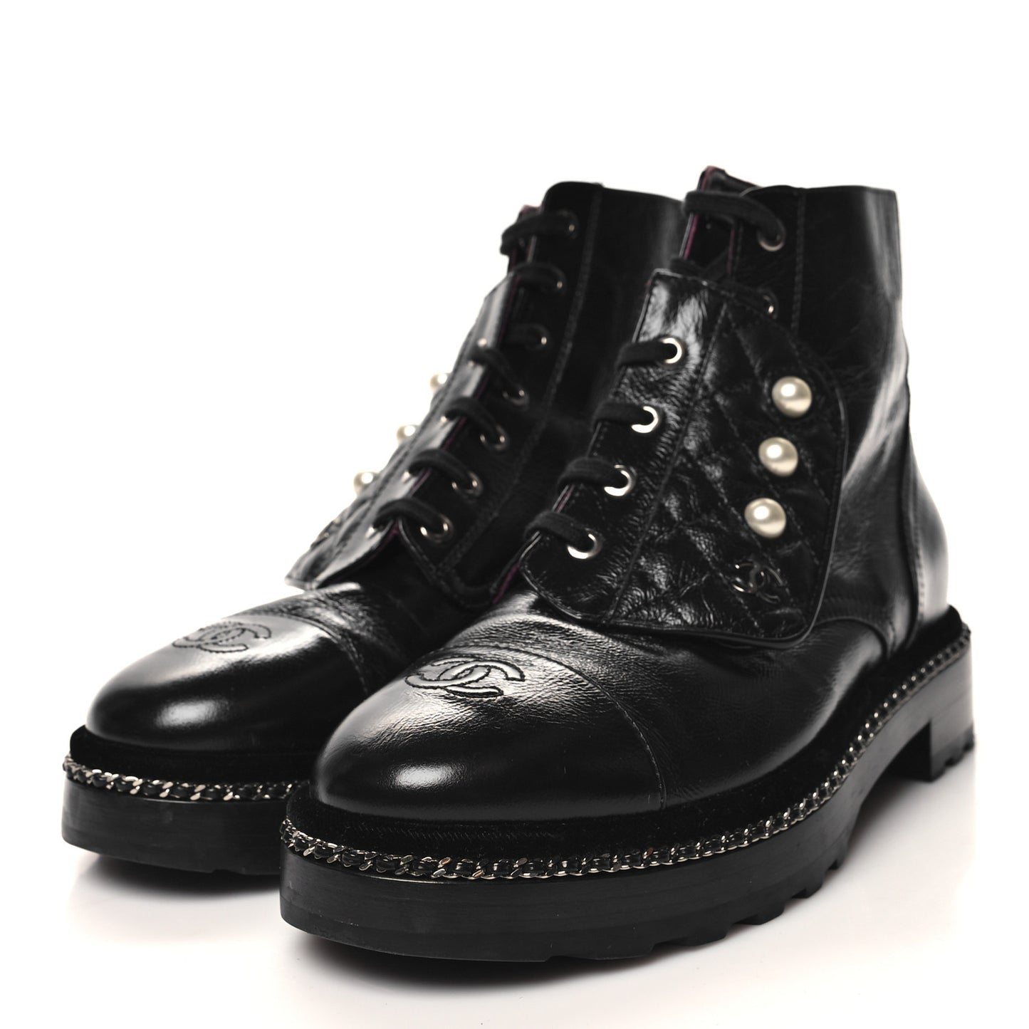 Crackled Calfskin Velvet Pearl Combat Short Boots 40 Black
