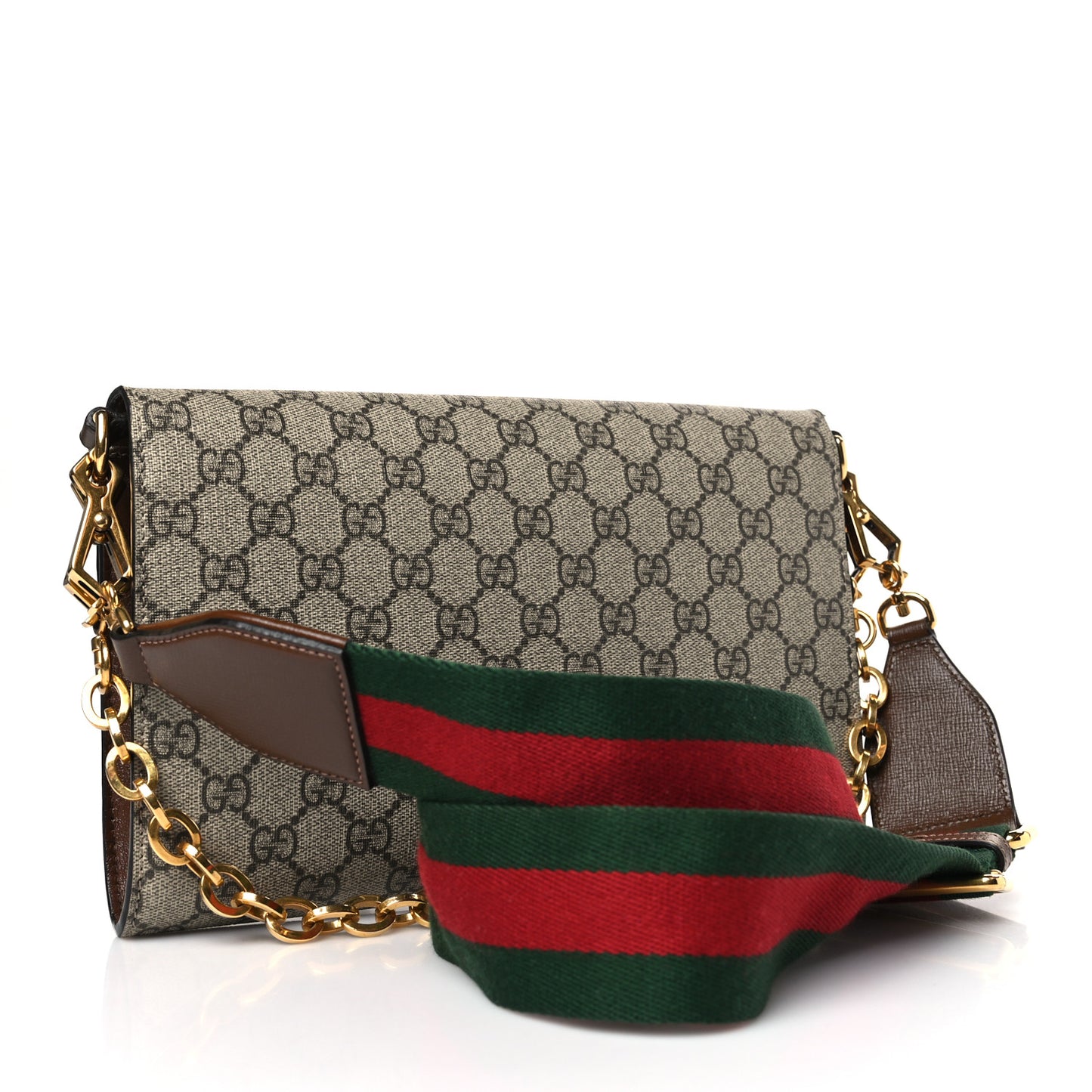 GG Supreme Monogram Azalea Calfskin Web Small Horsebit 1955 Crossbody Bag Beige Ebony Brown Sugar