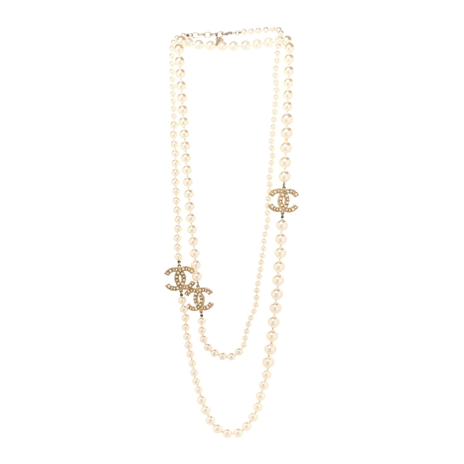Chanel Graduated Pearl Studded CC Long Necklace Gold 3 of 4