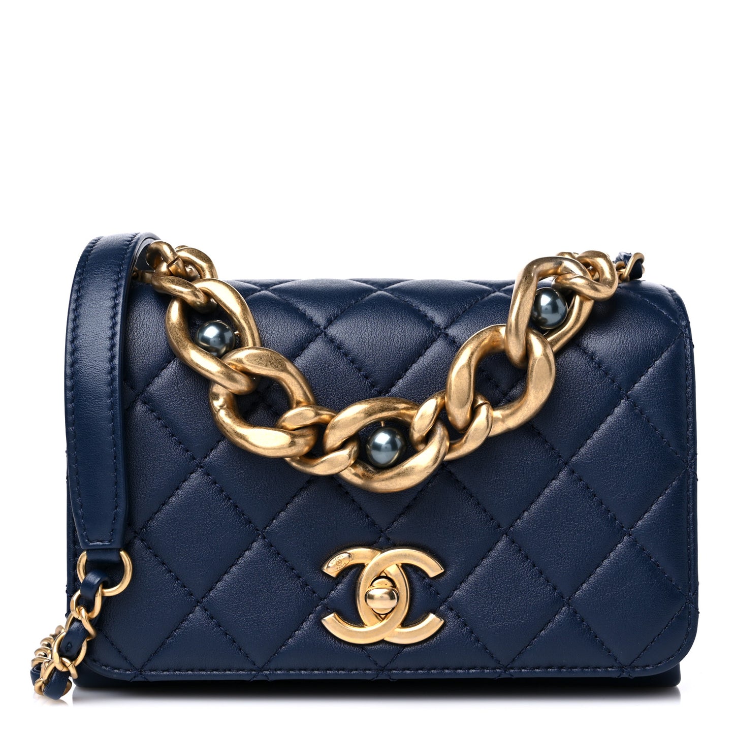 Calfskin Quilted Pearl Jewel Chain Flap Navy