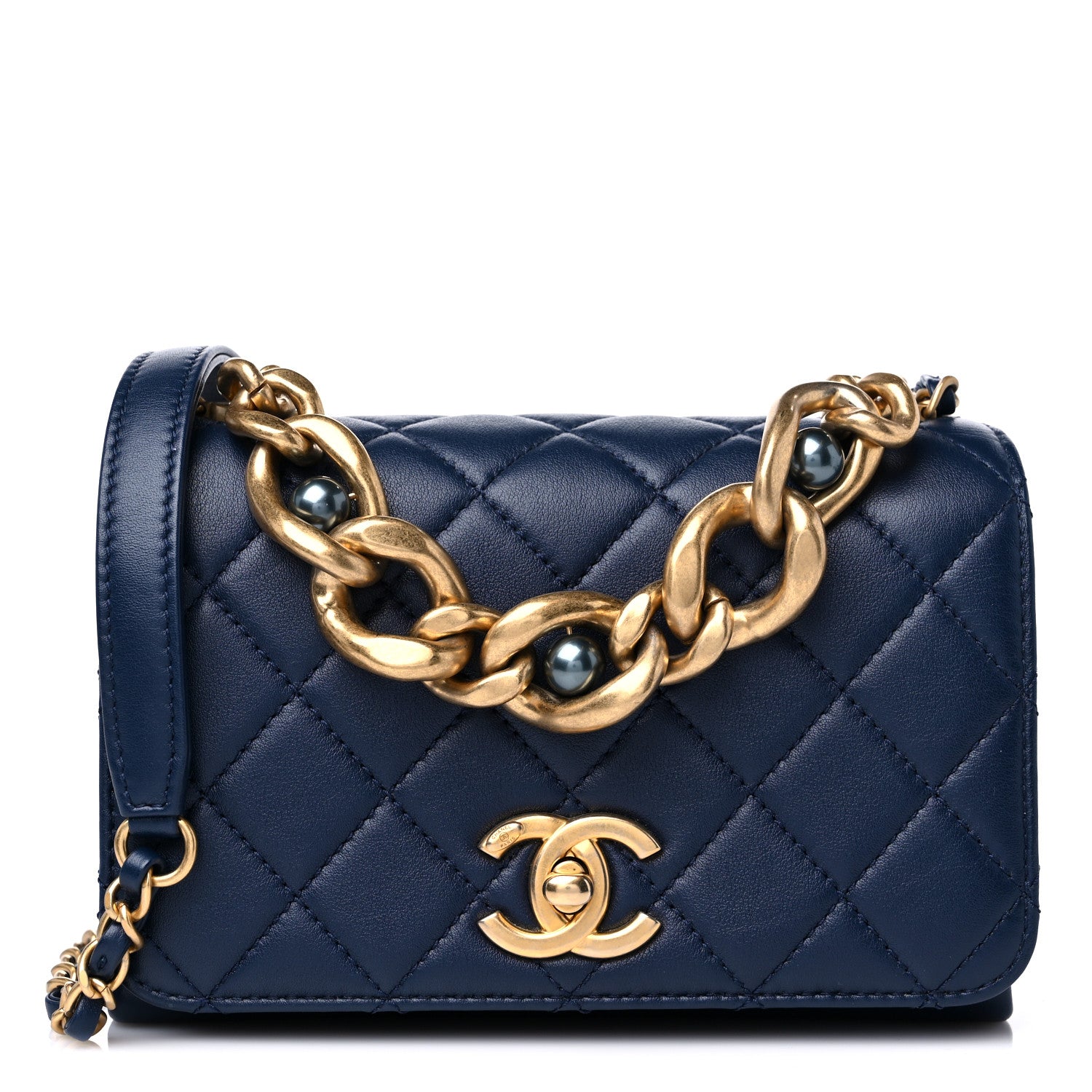 Chanel Calfskin Quilted Pearl Jewel Chain Flap Navy 1 of 10