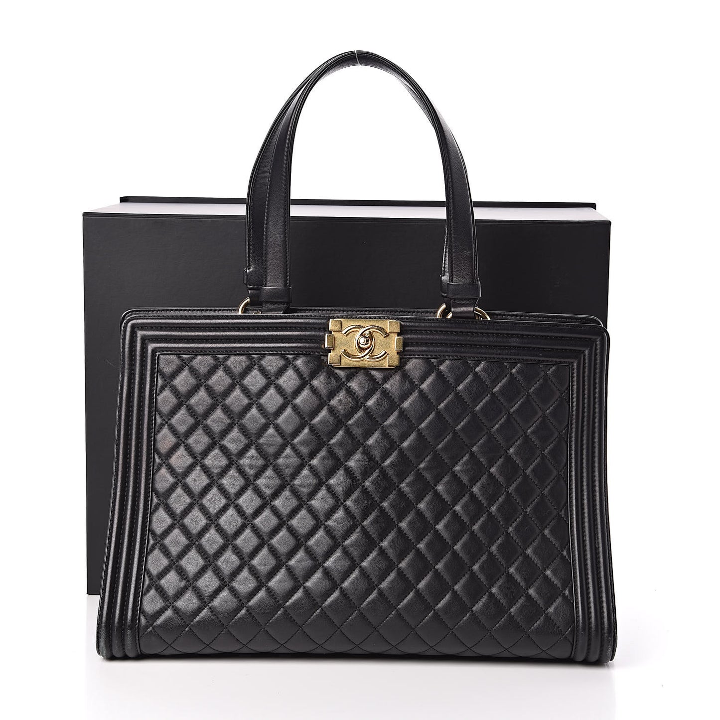 Lambskin Quilted Boy Shopping Tote Black