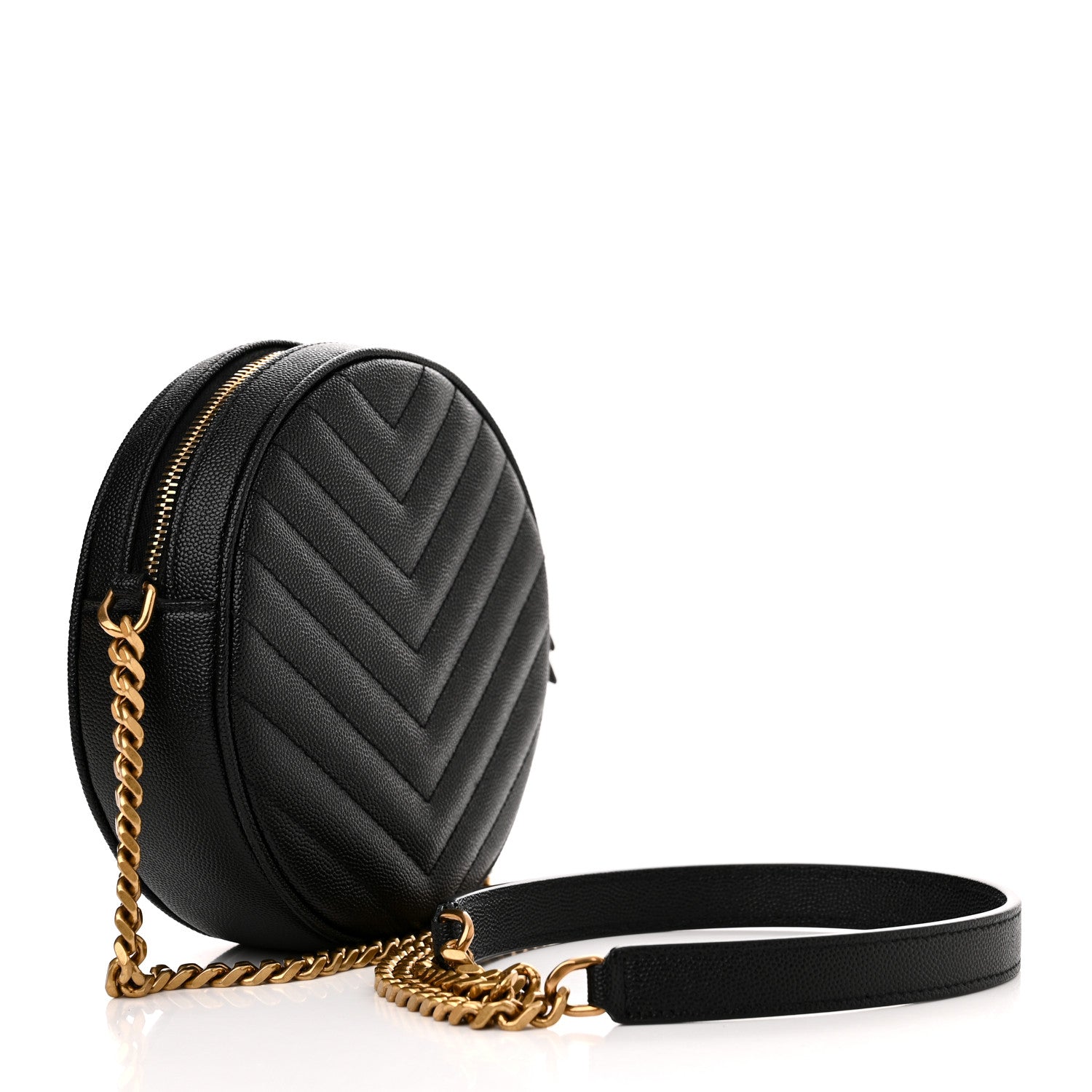 Saint Laurent Grain De Poudre Matelasse Chevron Quilted Round Vinyle Camera Bag Black 3 of 9