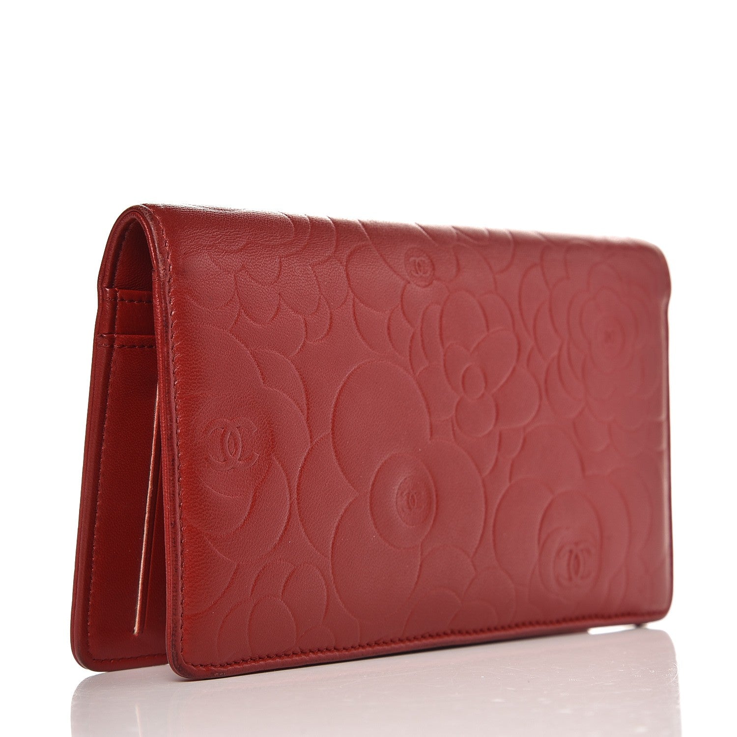 Chanel Lambskin Camellia Embossed Yen Wallet Dark Red 3 of 11