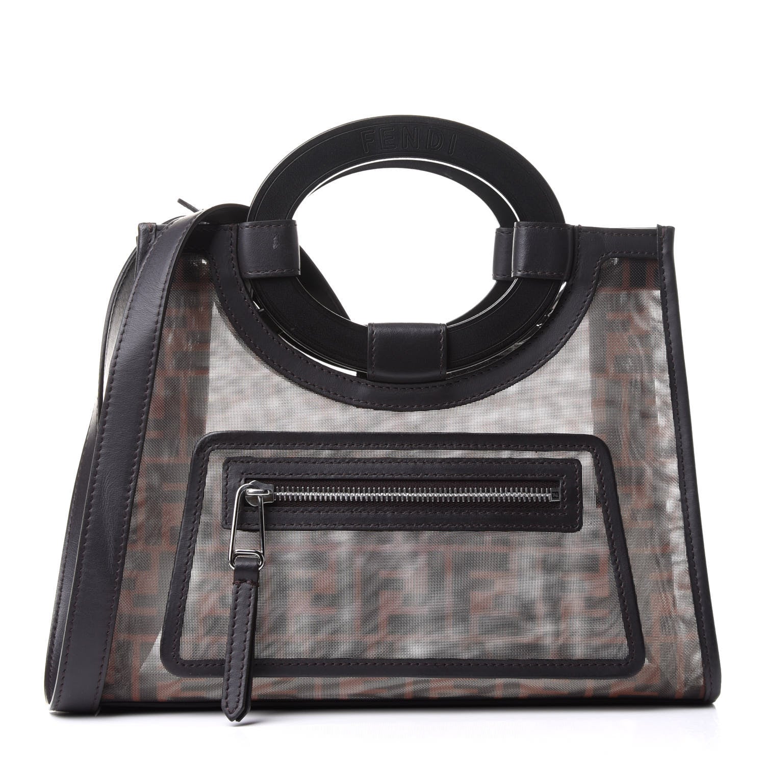 Fendi Mesh Vitello Century Cuoio FF 1974 Small Runaway Shopper Tote Marrone Black Ebano 1 of 14