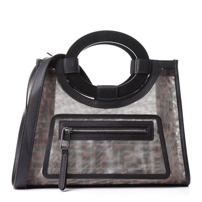 Fendi Mesh Vitello Century Cuoio FF 1974 Small Runaway Shopper Tote Marrone Black Ebano 1 of 14