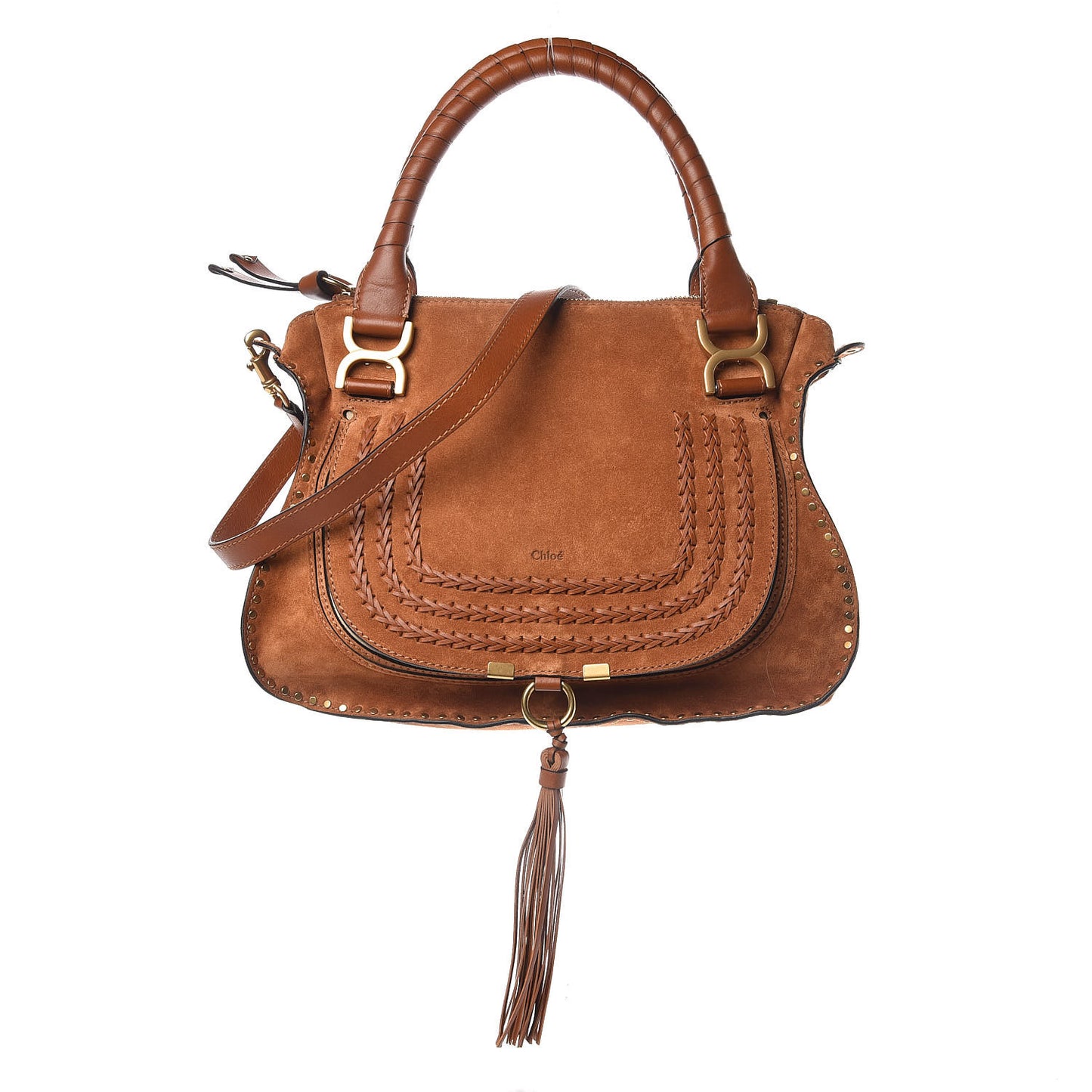 Suede Calfskin Braided Medium Marcie Satchel Caramel