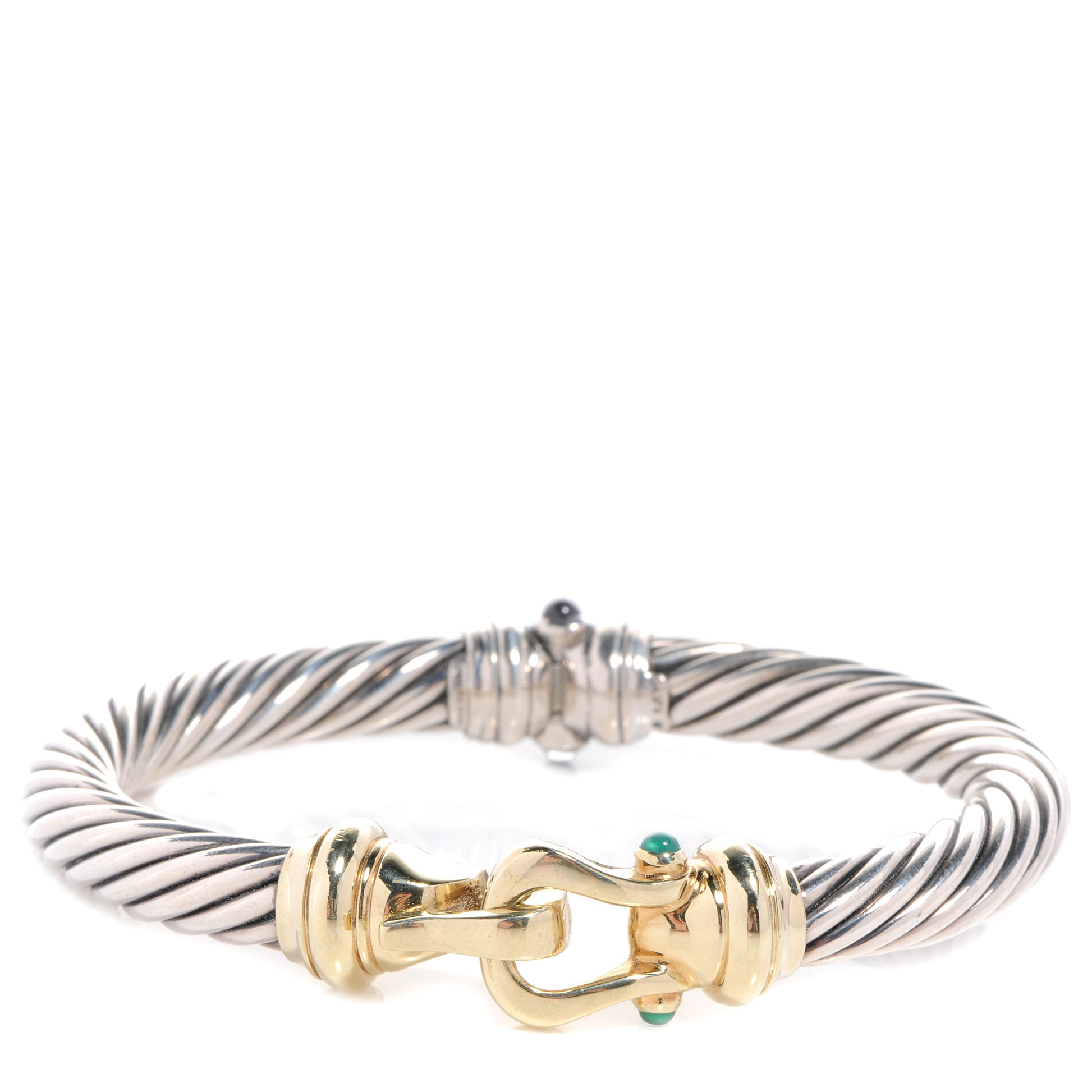 David Yurman Sterling Silver 14K Yellow Gold Green Onyx Pink Tourmaline 7mm Cable Buckle Bracelet 1 of 9