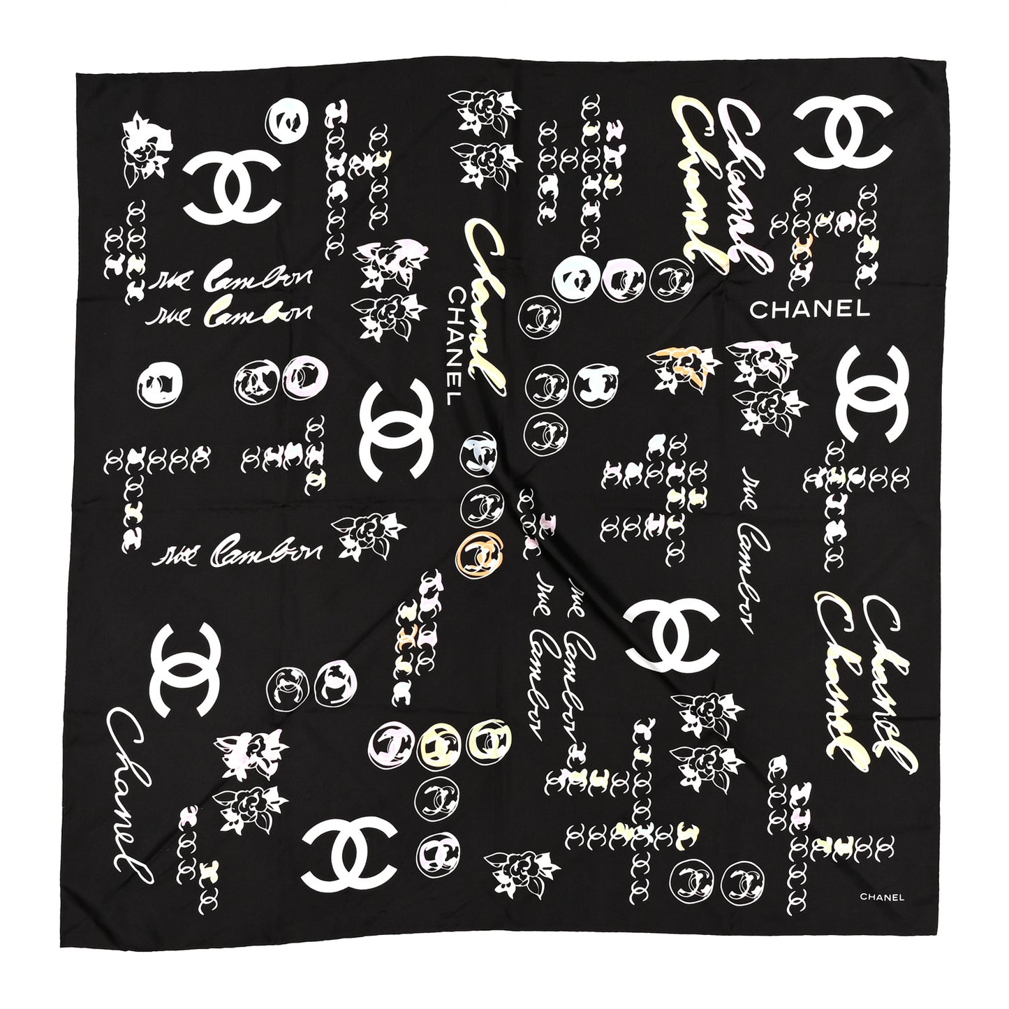 Silk Camellia CC Square Scarf Multicolor Black