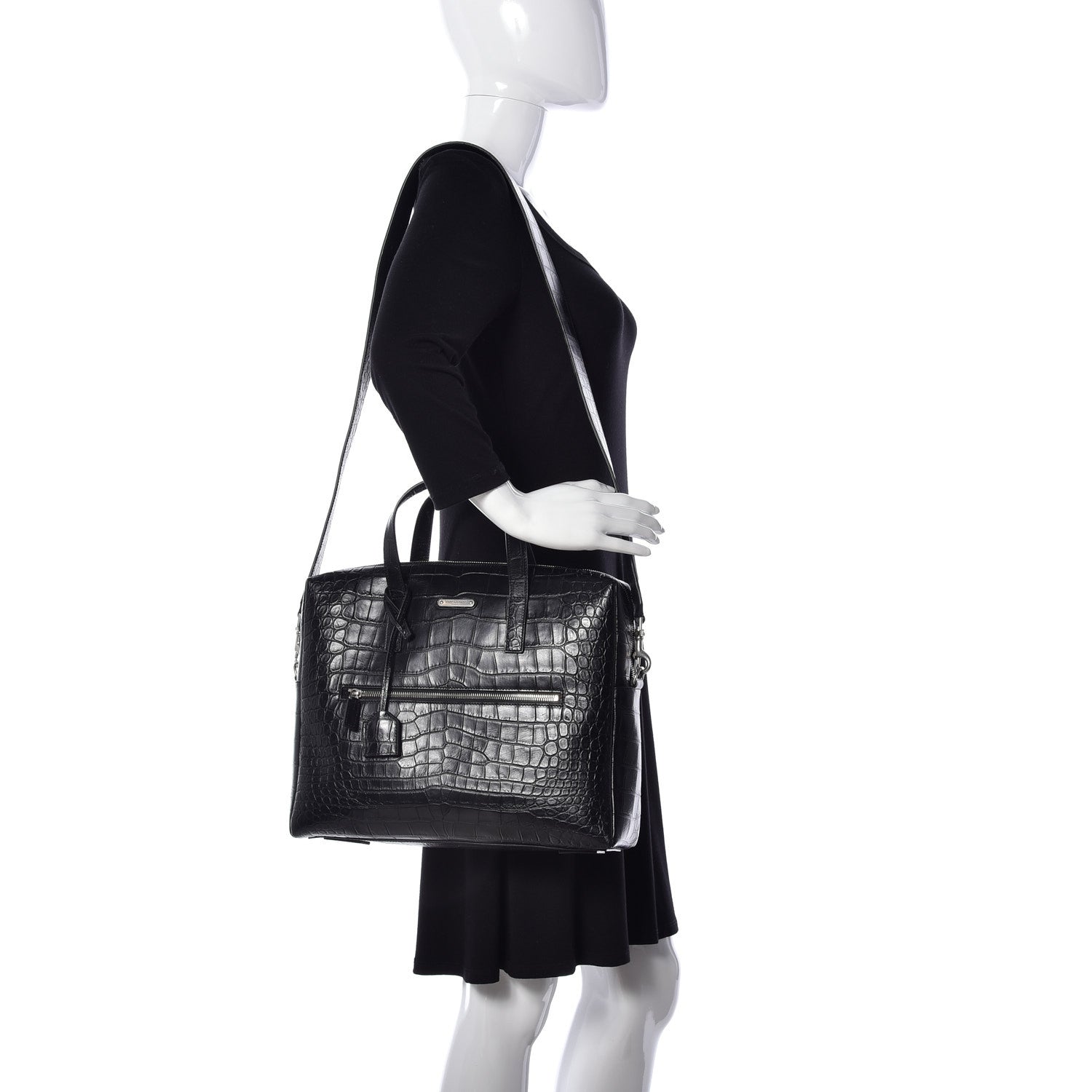 Saint Laurent Calfskin Crocodile Embossed Bold Briefcase Black 2 of 13