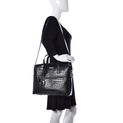 Saint Laurent Calfskin Crocodile Embossed Bold Briefcase Black 2 of 13