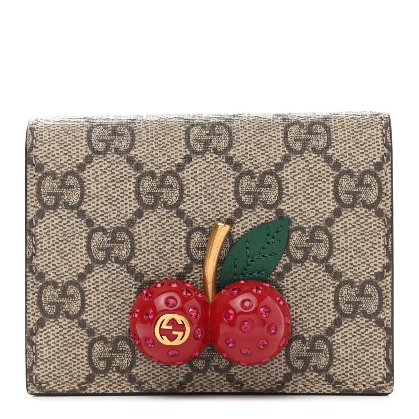 GG Supreme Monogram Cherry Embellished Card Case Wallet Hibiscus Red