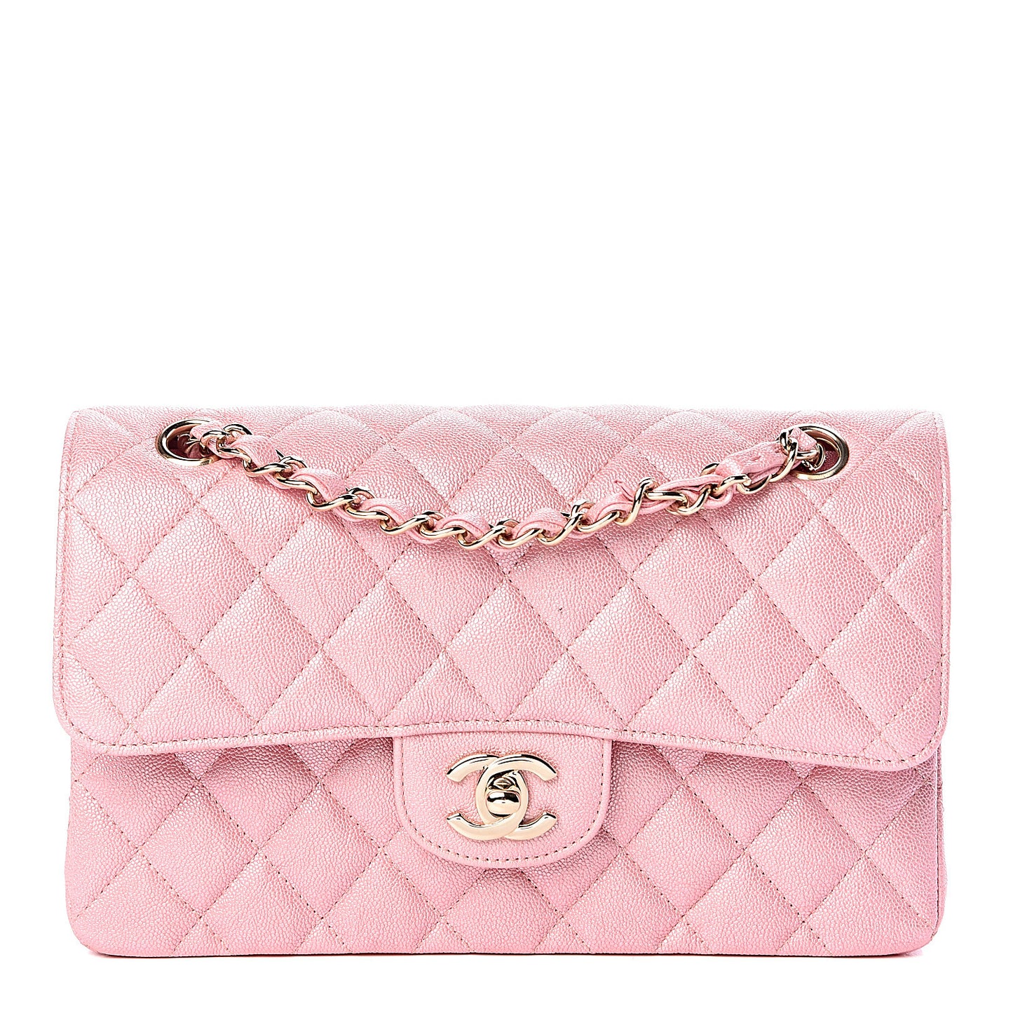 Iridescent Caviar Quilted Small Double Flap Pink