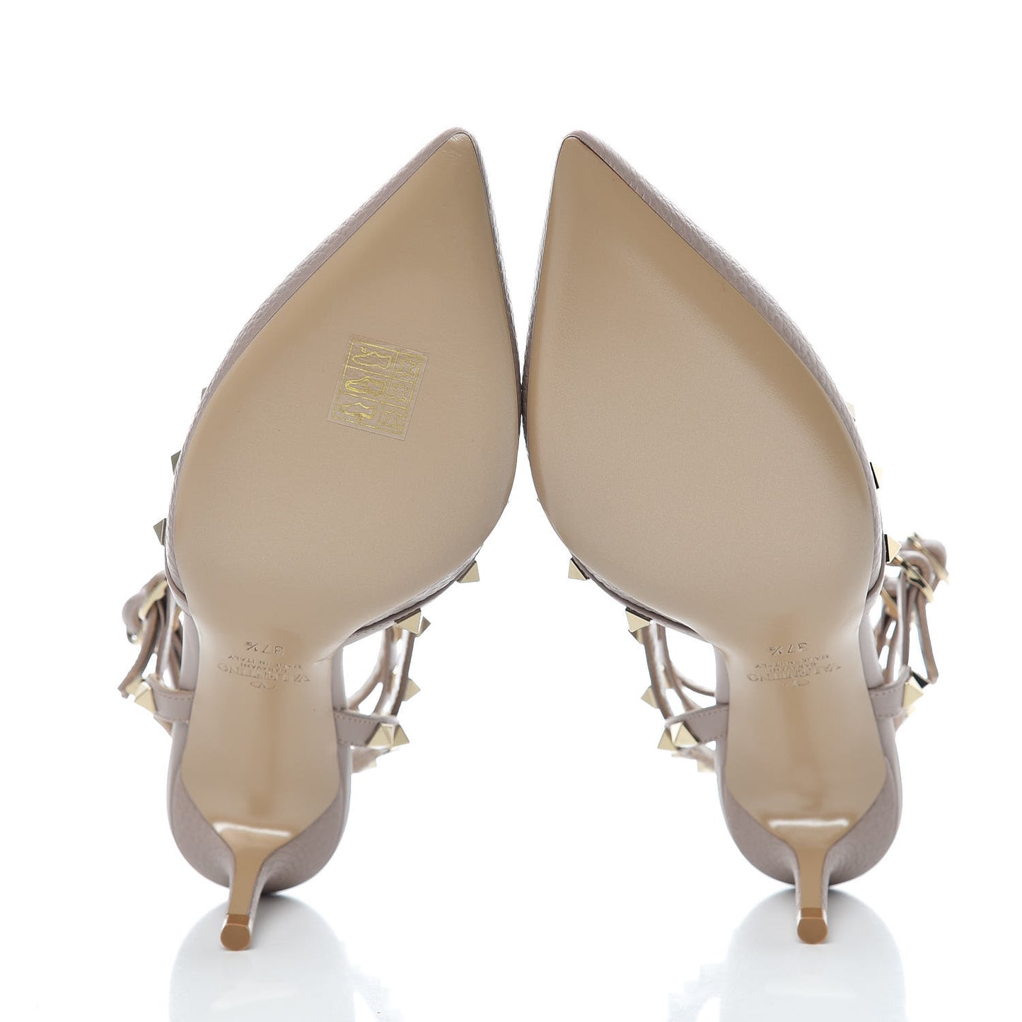 Pebbled Calfskin Rockstud Ankle Strap Low Heel Pumps 37.5 Poudre