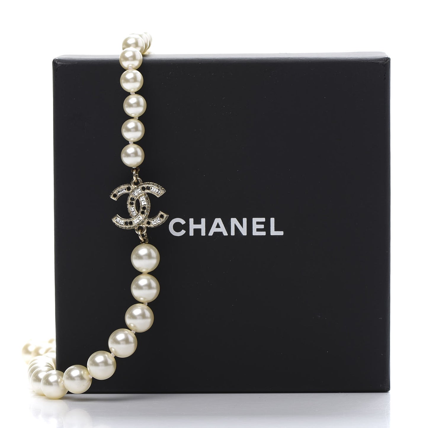 Graduated Pearl Crystal CC Long Necklace Gold Black