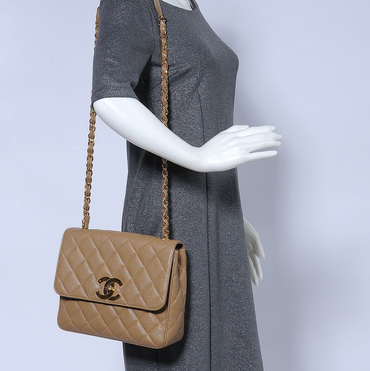 Caviar Quilted Shoulder Bag Dark Beige