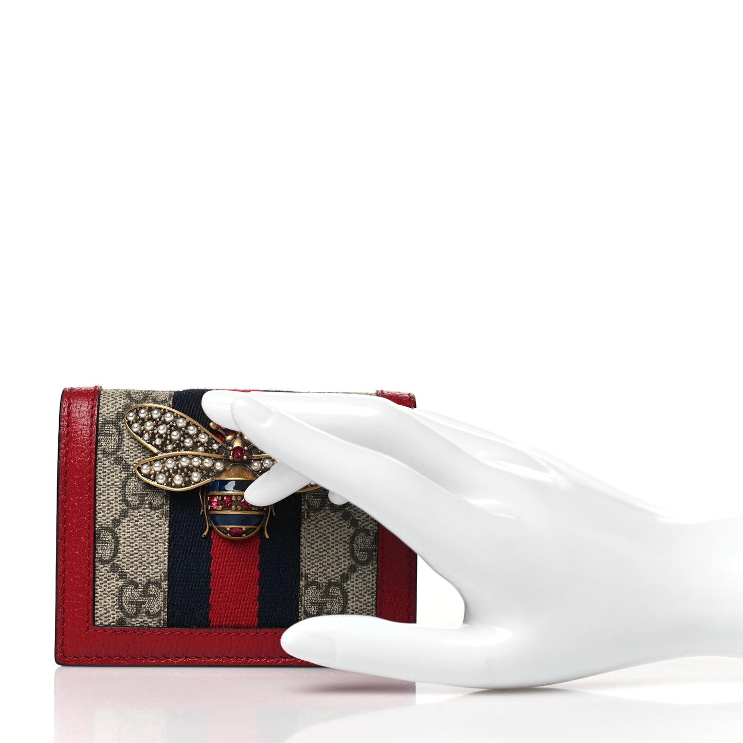 GG Supreme Monogram Web Queen Margaret Card Case Wallet Red