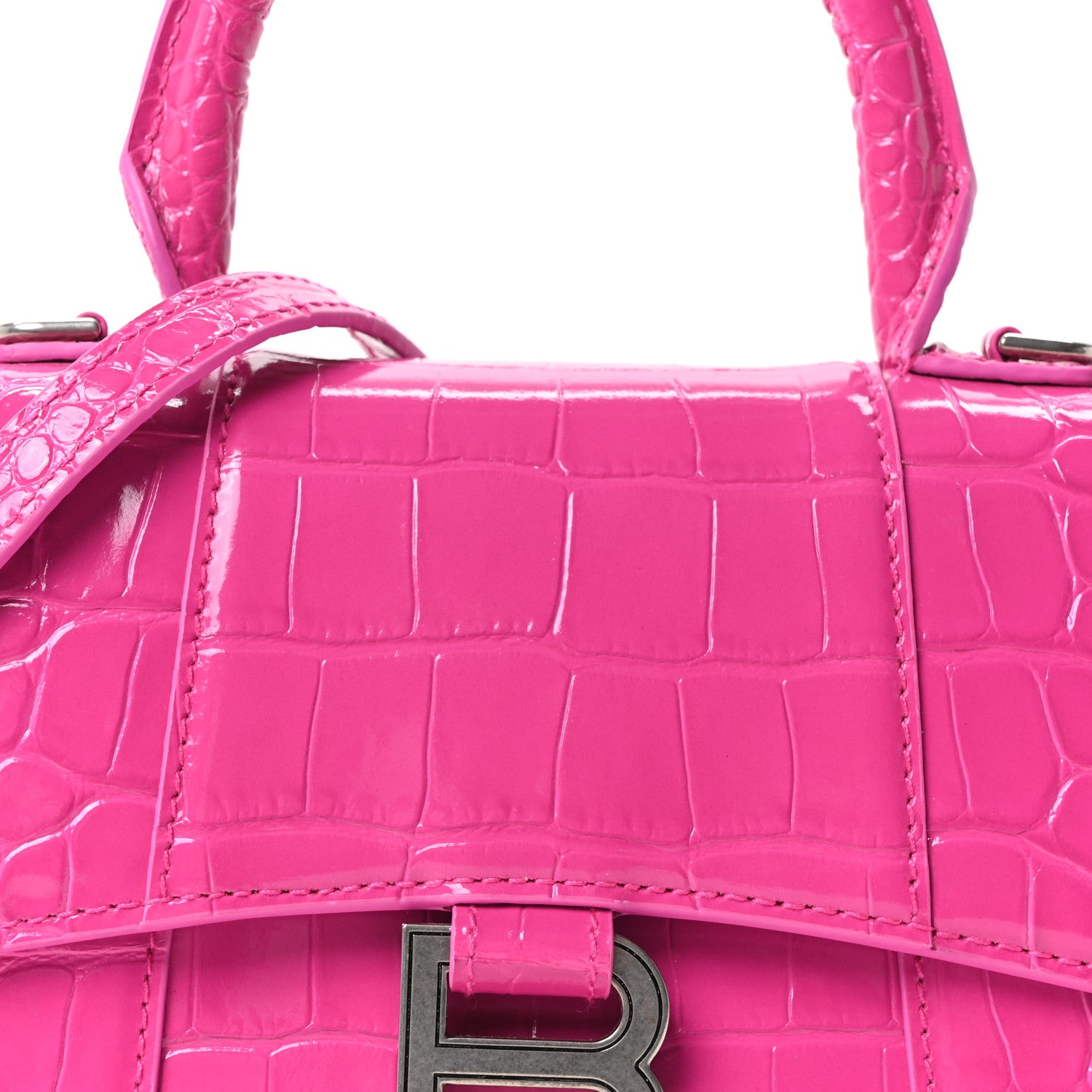 Balenciaga Shiny Calfskin Crocodile Embossed Hourglass Top Handle Bag XS Lipstick Pink 9 of 11