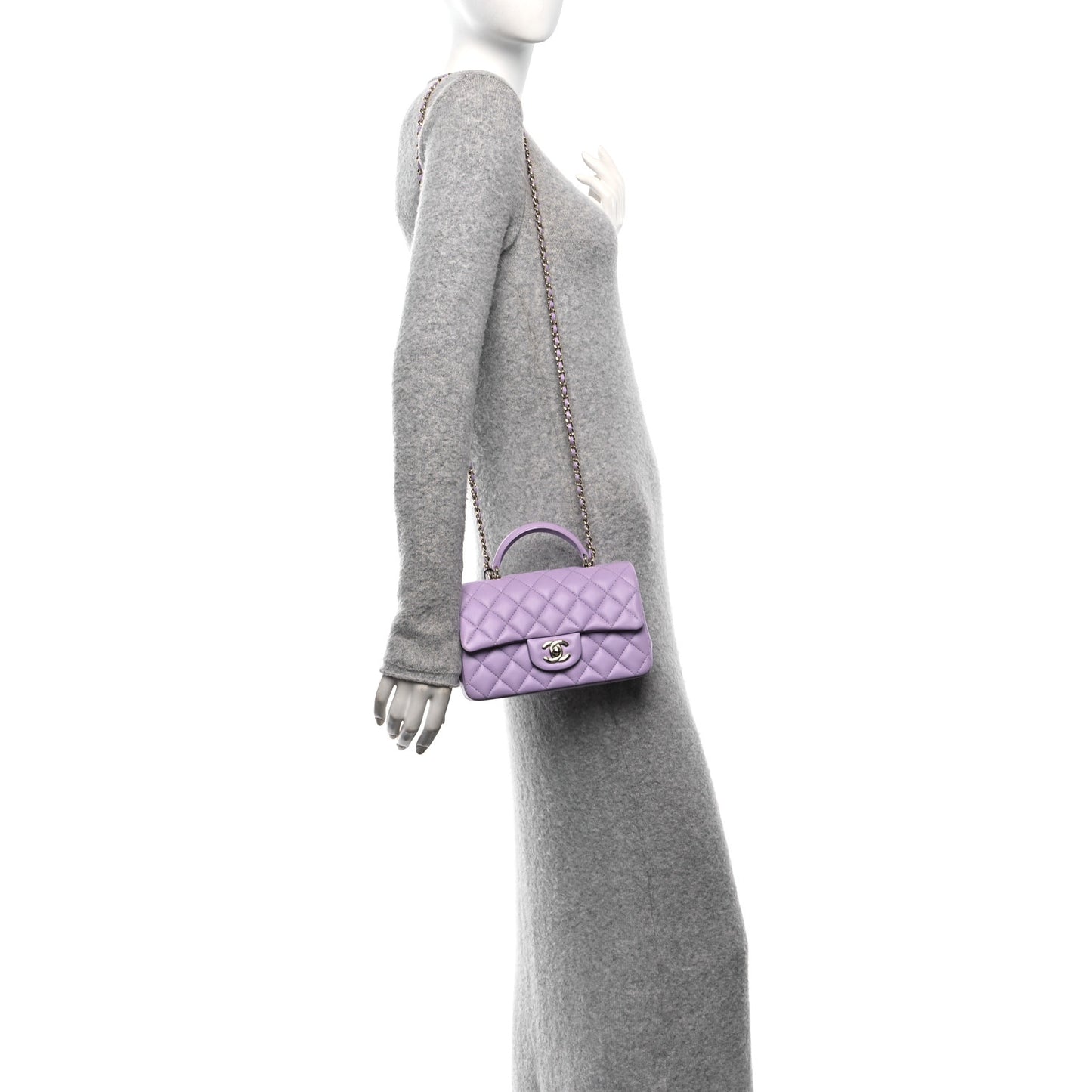 Lambskin Quilted Mini Top Handle Rectangular Flap Light Purple