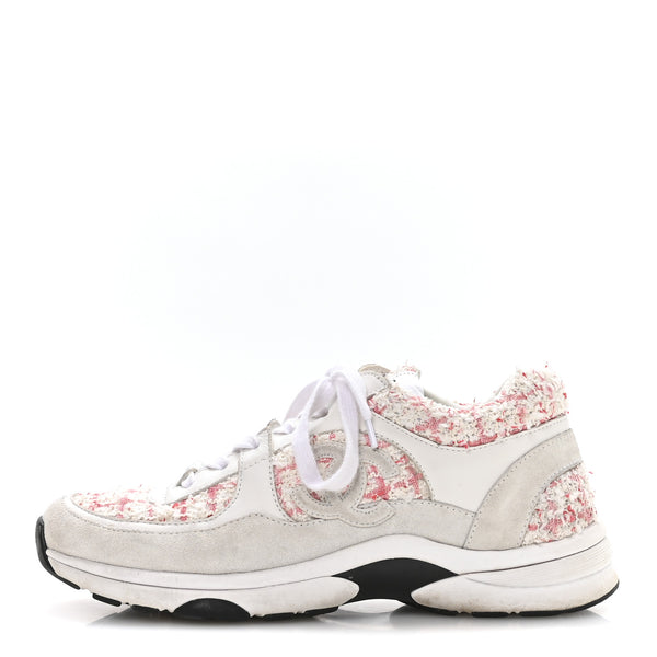 シャネル♡ Chanel Tweed Suede Calfskin Womens CC Sneakers 39.5 Ecru Pink Red