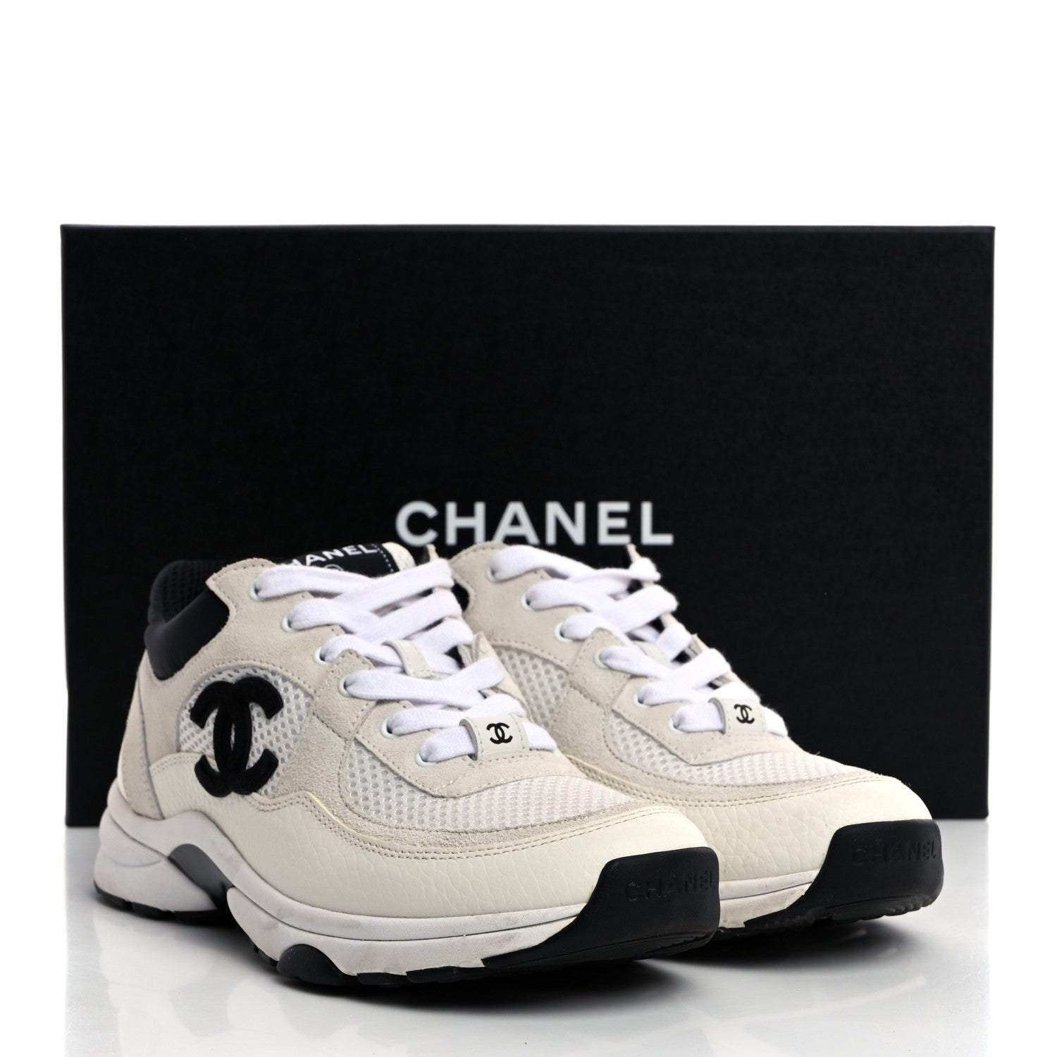 Chanel Mesh Suede Calfskin Grained Calfskin Womens CC Sneakers 37 White Black 9 of 9