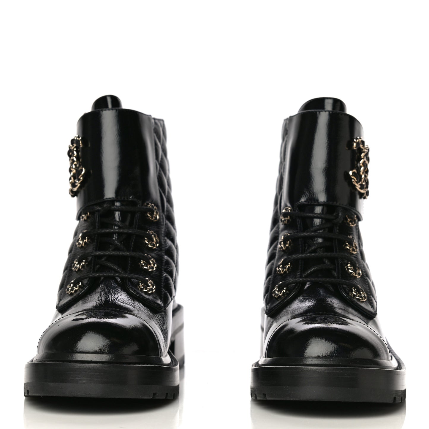 Shiny Calfskin Quilted Lace Up Combat Boots 39.5 Black