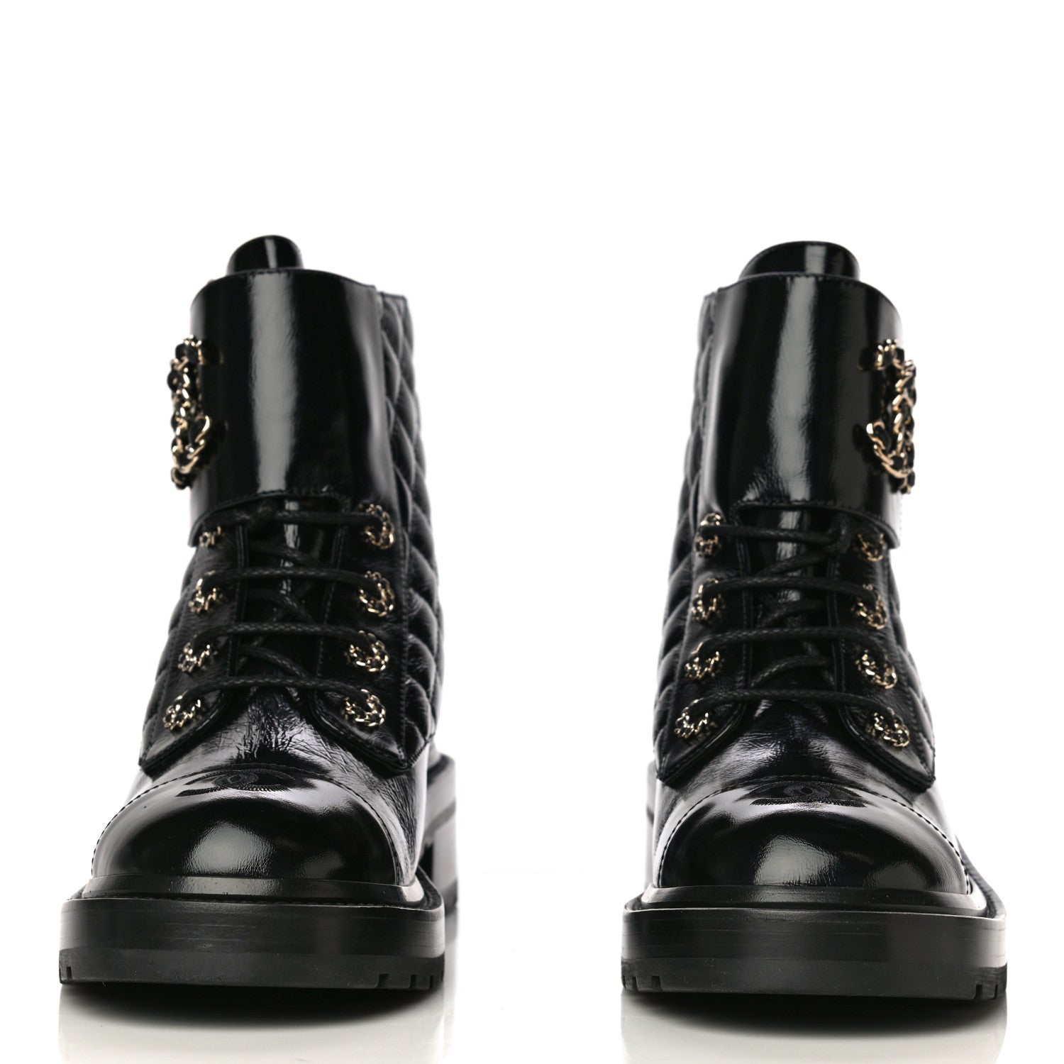 Chanel Shiny Calfskin Quilted Lace Up Combat Boots 39.5 Black 2 of 10