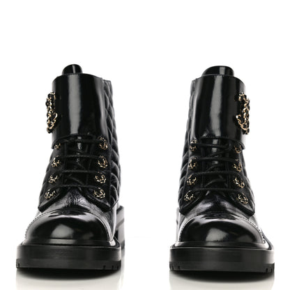 Chanel Shiny Calfskin Quilted Lace Up Combat Boots 39.5 Black 2 of 10