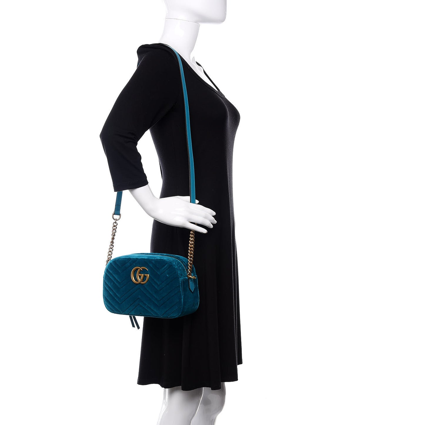 Velvet Matelasse Small GG Marmont Chain Shoulder Bag Pavone Cyan
