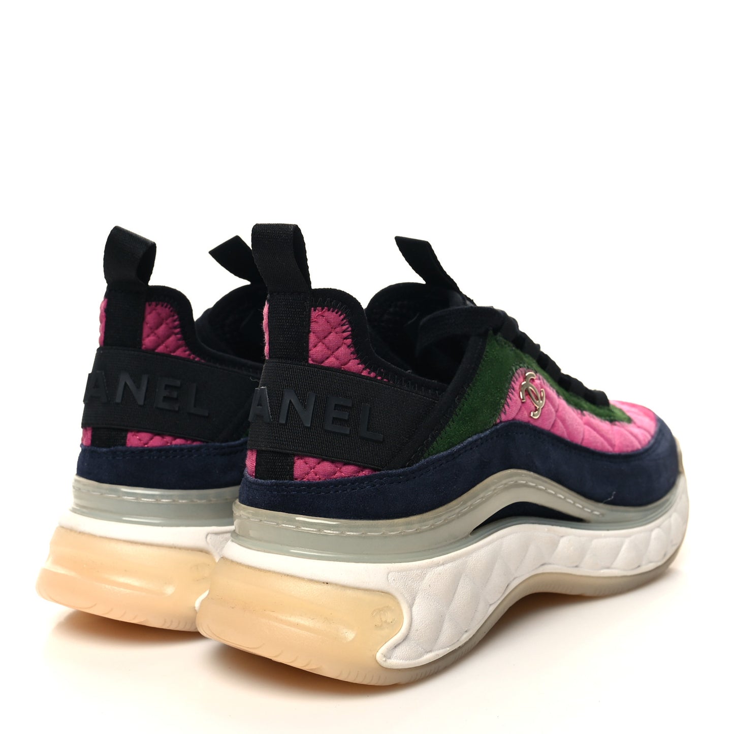 Velvet Calfskin Mixed Fibers CC Sneakers 36.5 Dark Pink Green