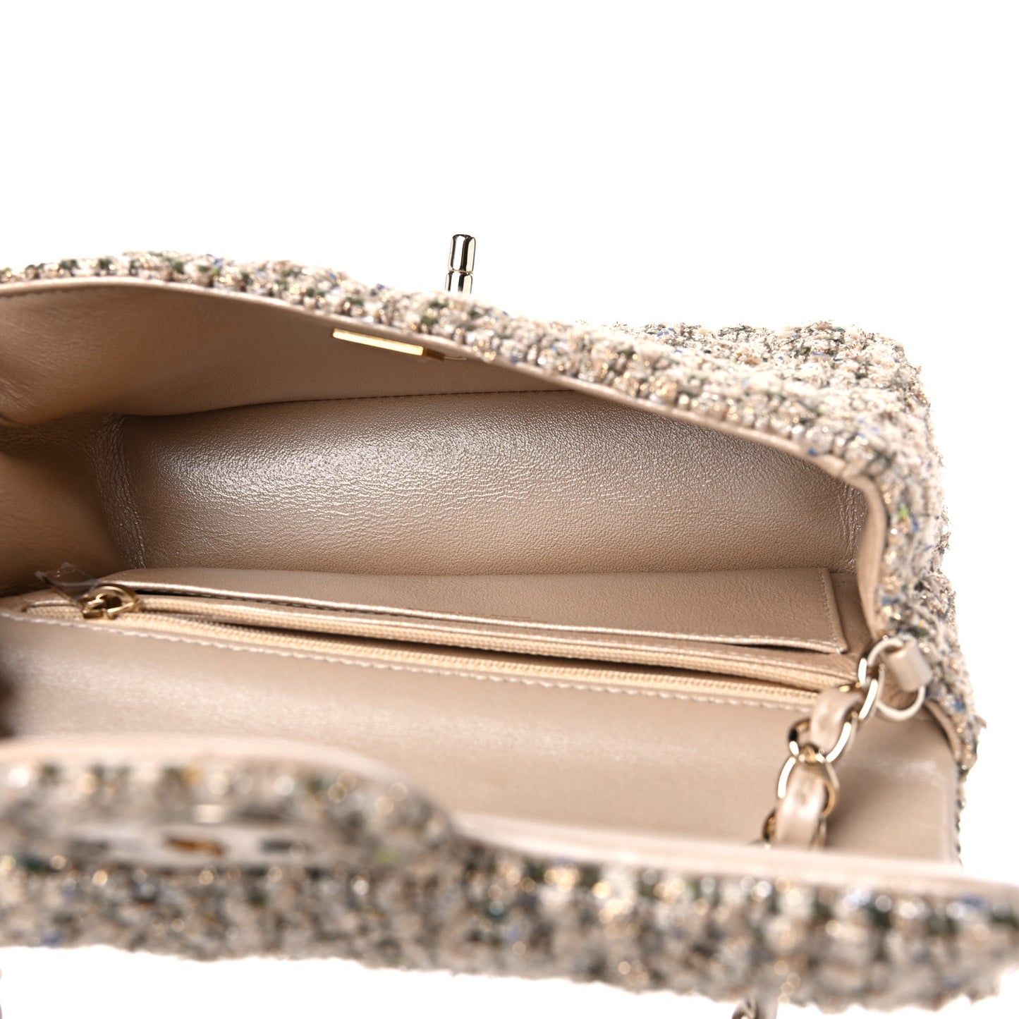 Tweed Quilted Mini Rectangular Flap Beige