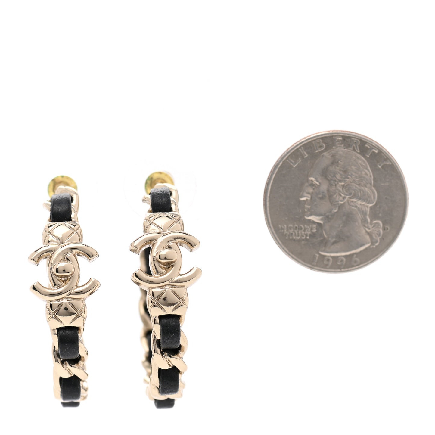 Metal Lambskin Quilted CC Turnlock Chain Hoop Earrings Gold Black