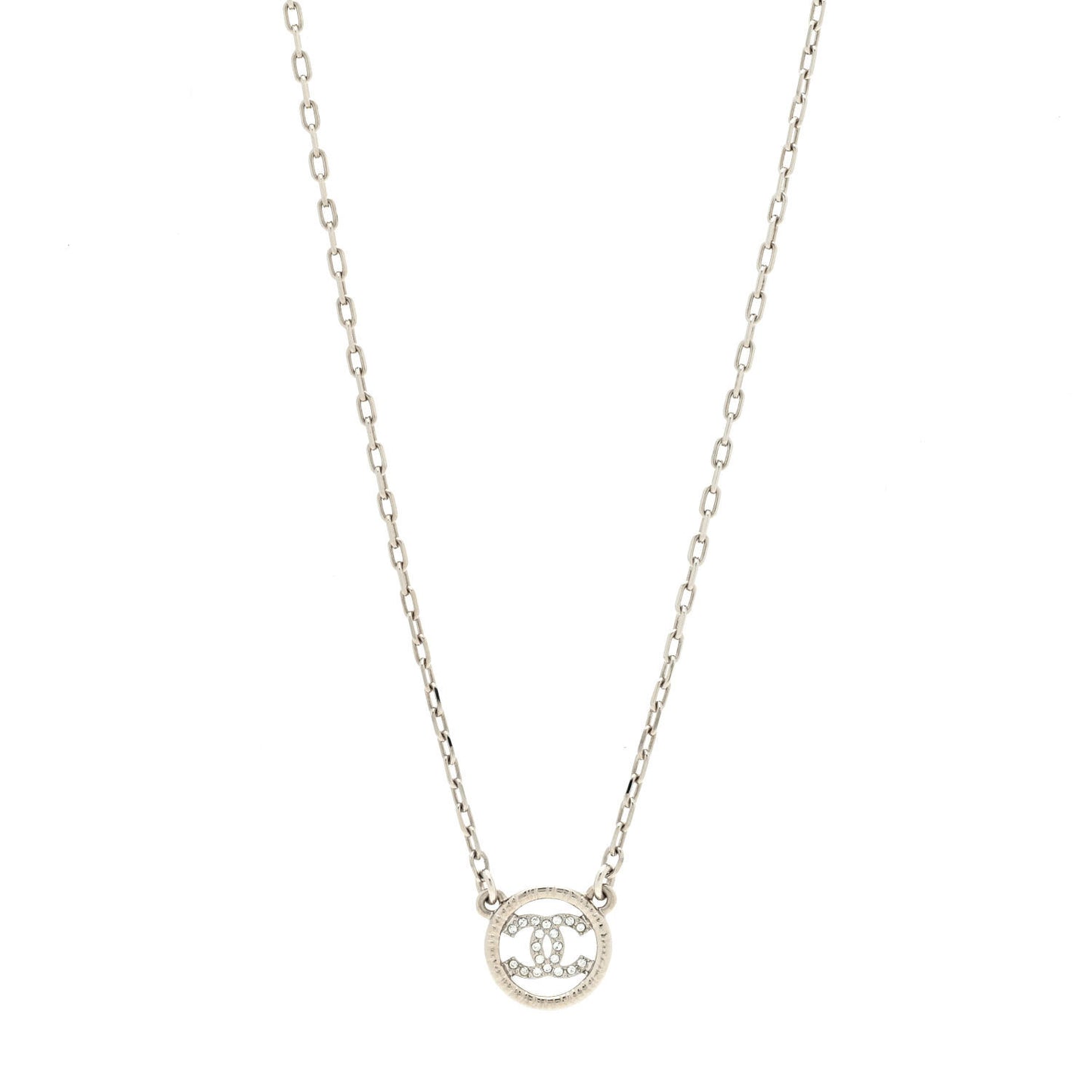 Metal Crystal CC Round Pendant Necklace Silver