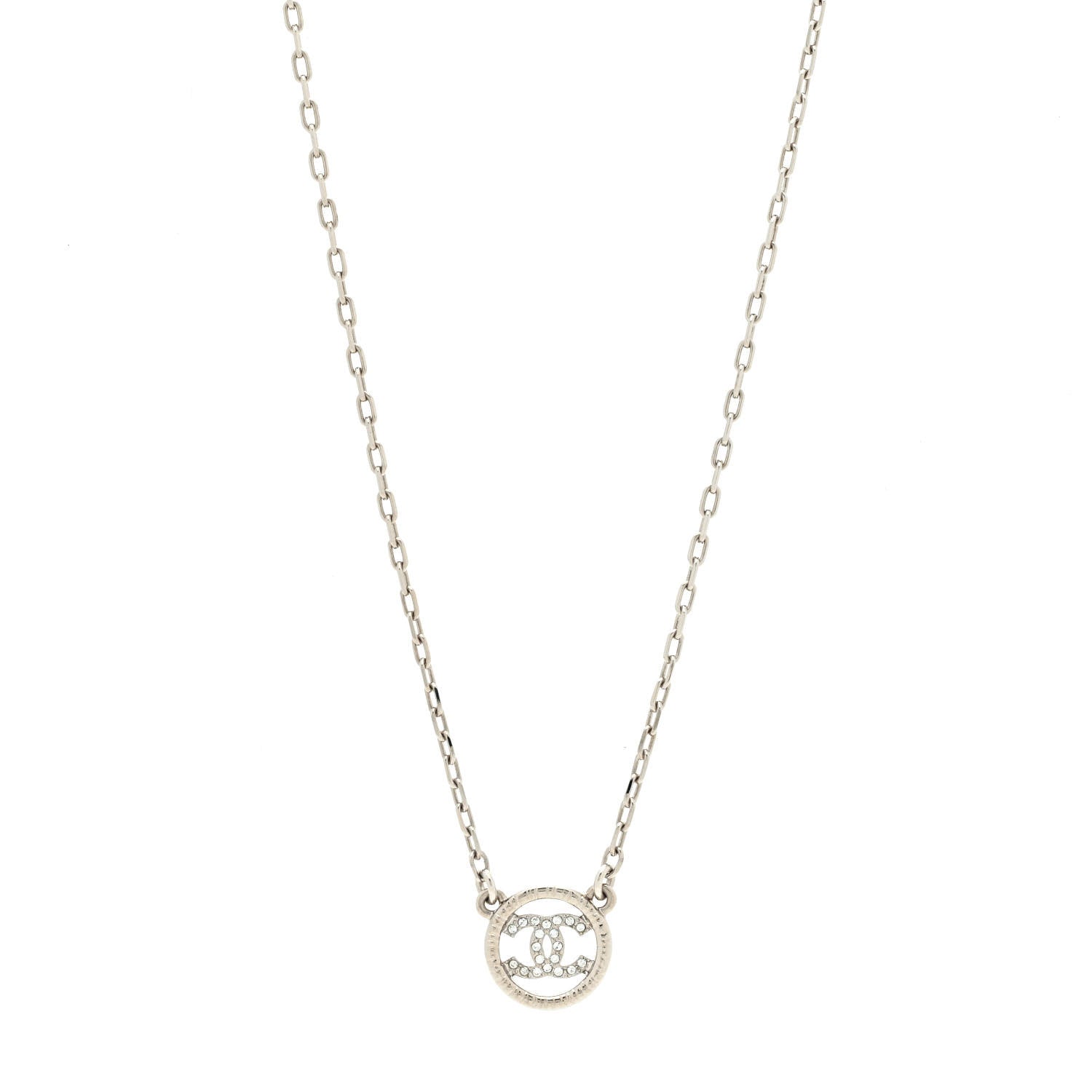 Chanel Metal Crystal CC Round Pendant Necklace Silver 1 of 5