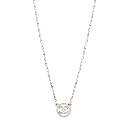 Chanel Metal Crystal CC Round Pendant Necklace Silver 1 of 5