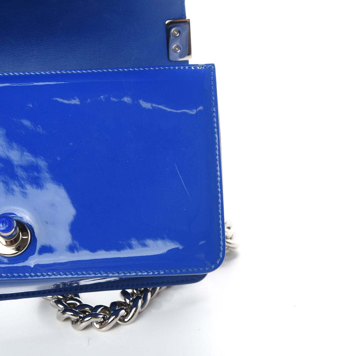 Patent Calfskin Quilted Small Plexiglass Boy Flap Blue