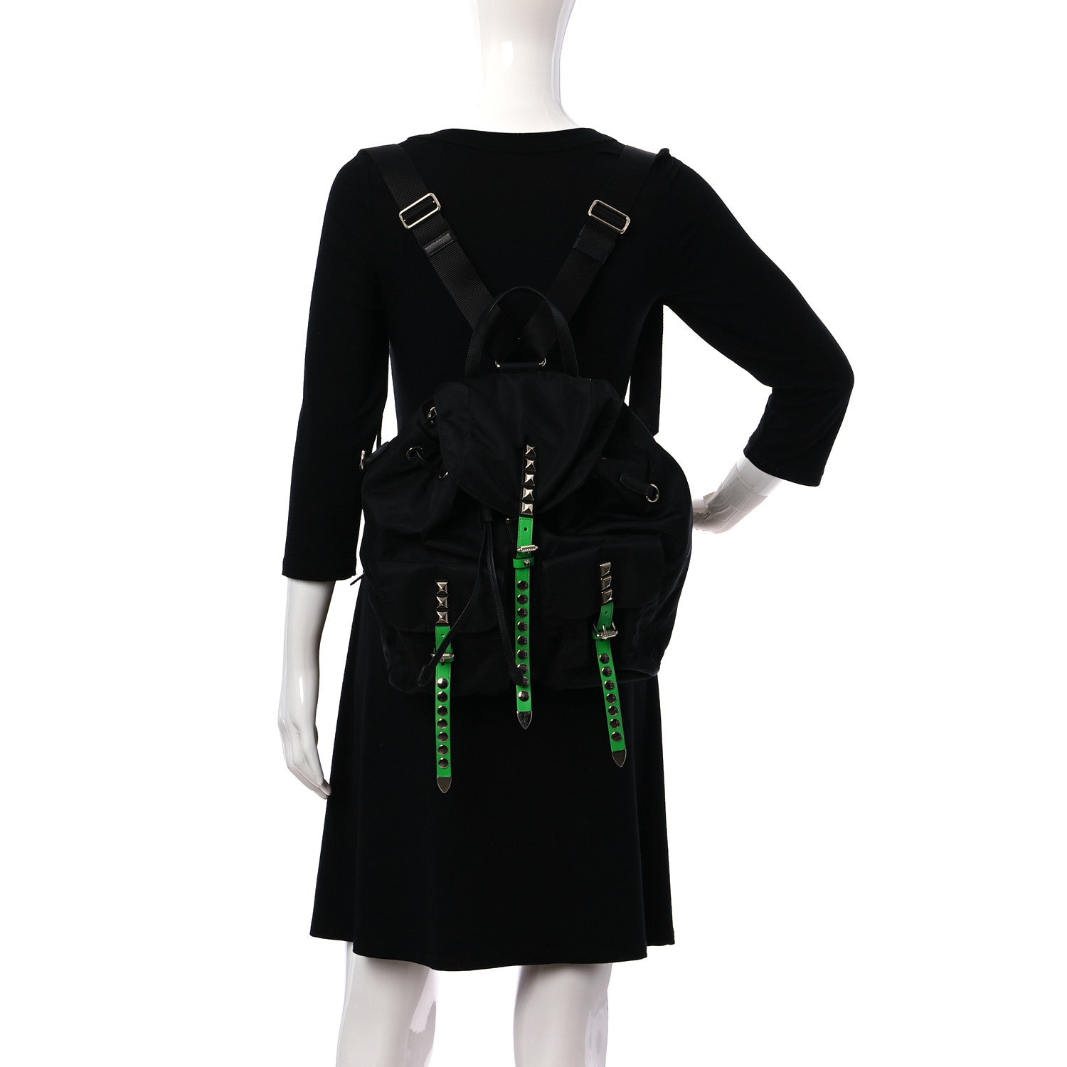 Prada Nylon New Vela Studded Backpack Black Green 3 of 8