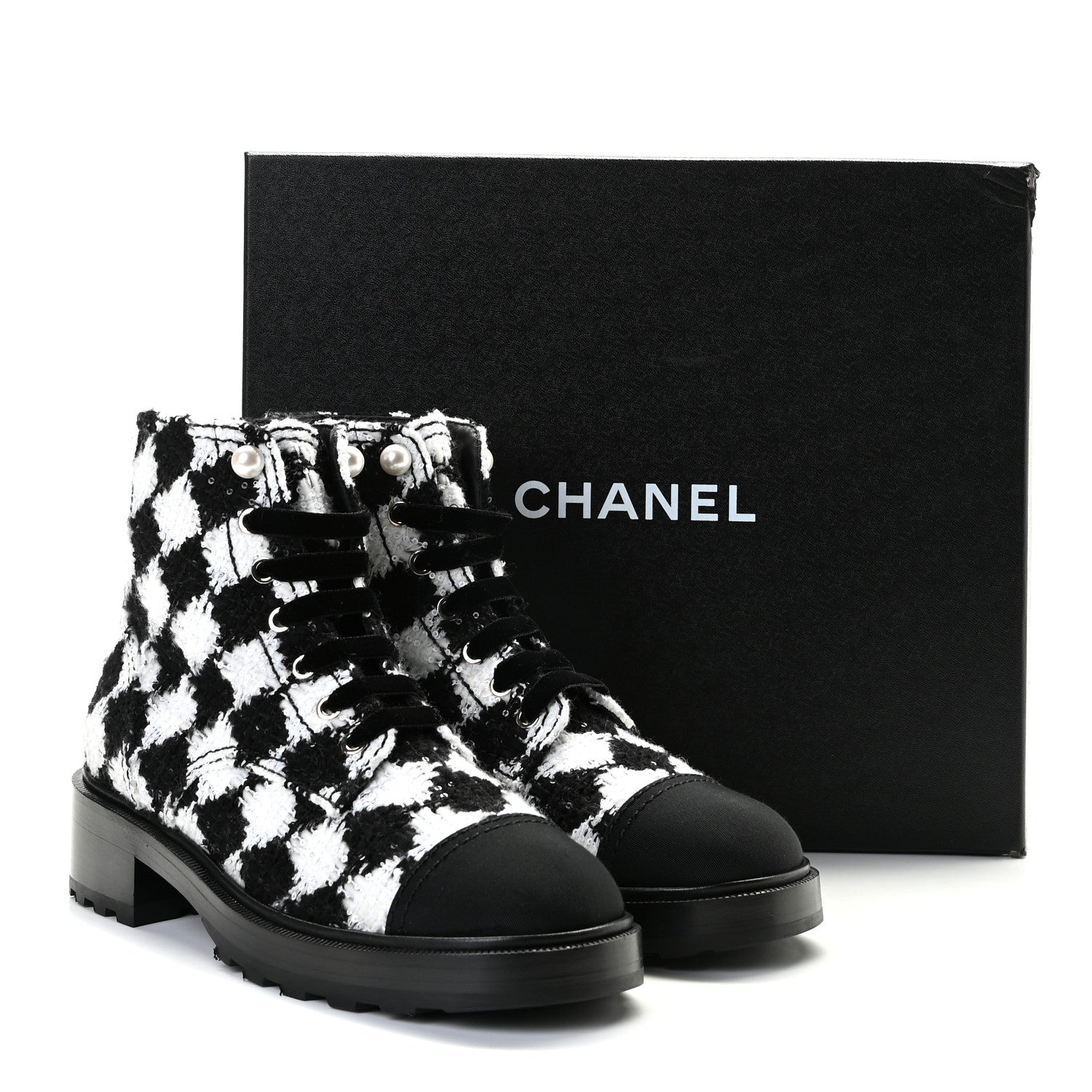Chanel Tweed Grosgrain Pearl Combat Short Boots 40.5 White Black 6 of 11