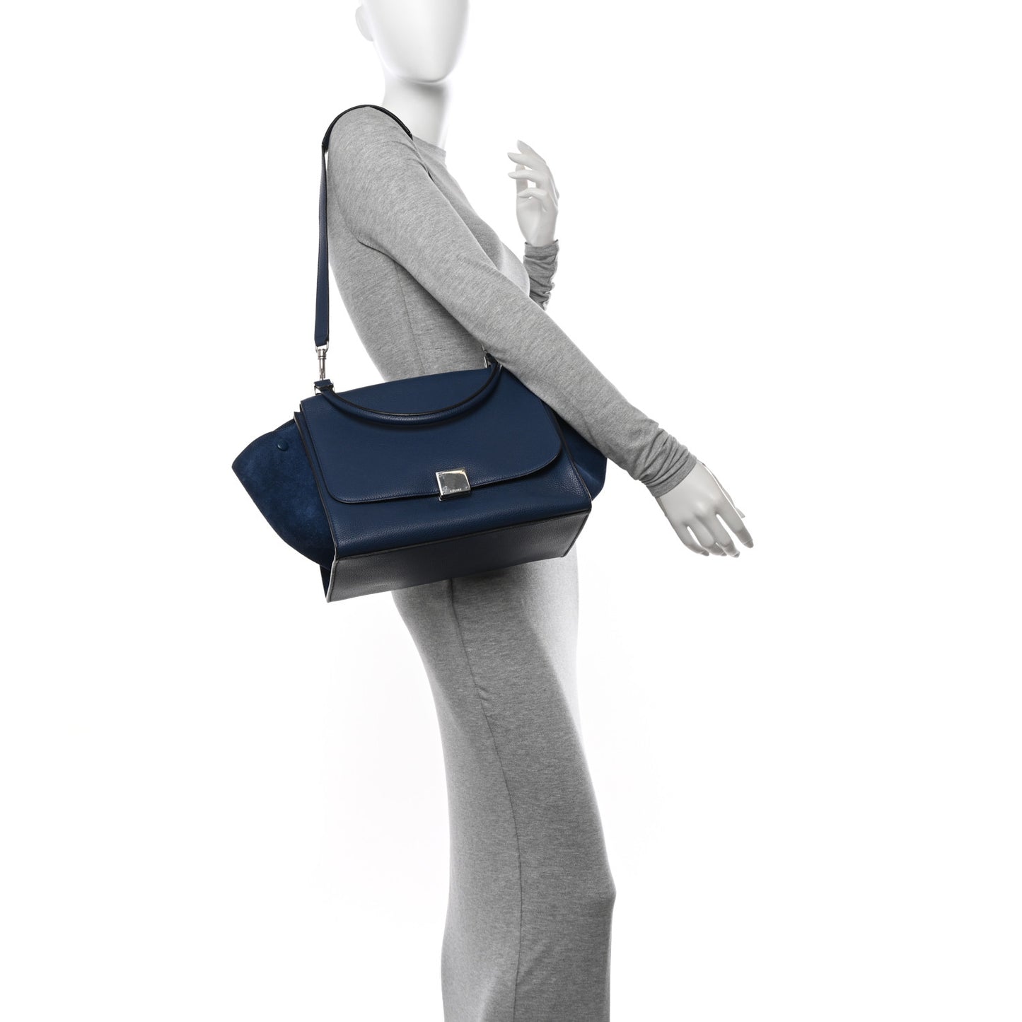 Drummed Calfskin Suede Medium Trapeze Navy Blue
