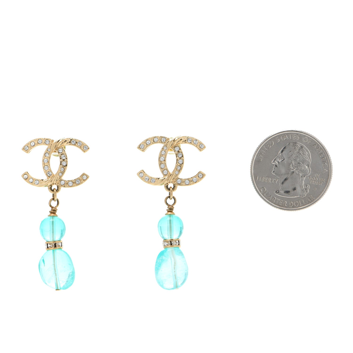 Chanel Crystal Stone CC Drop Earrings Blue Gold 2 of 4