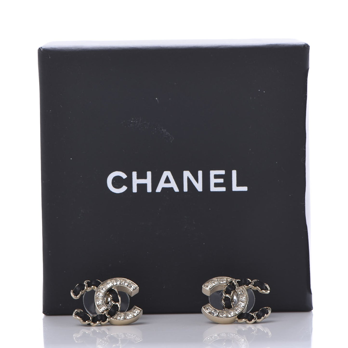 Crystal Baguette Lambskin Chain CC Vintage Allure Stud Earrings Black Gold