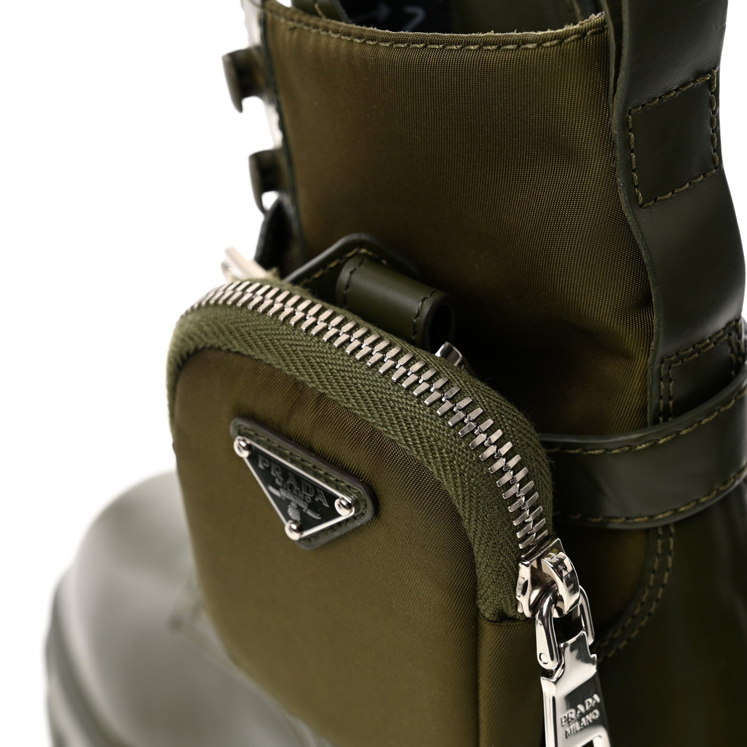 Prada Spazzolato Rois Re-Nylon Metal Triangle Logo Monolith Pouch Pocket 55mm Boots 38.5 Militare 11 of 15