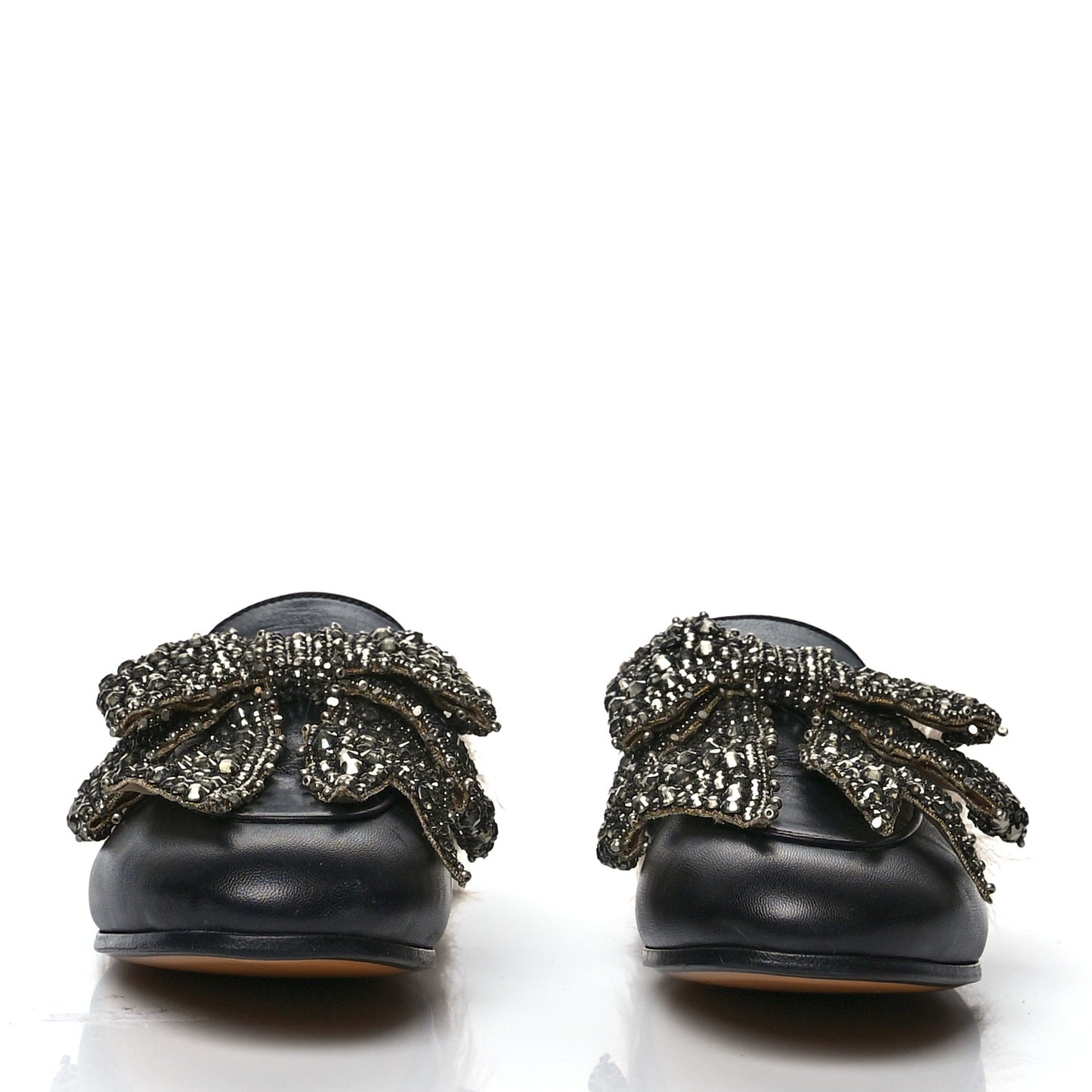 Malaga Kid Fur Crystal Bow Embroidered Womens Princetown Slippers 38.5 Black