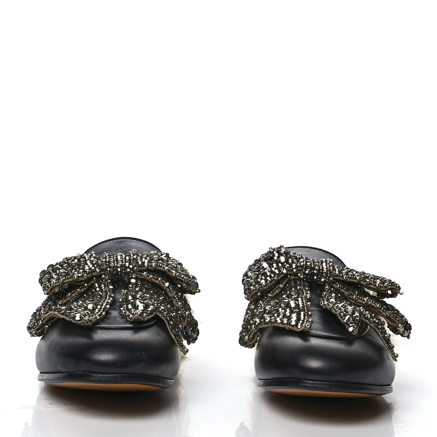 Gucci Malaga Kid Fur Crystal Bow Embroidered Womens Princetown Slippers 38.5 Black 2 of 7