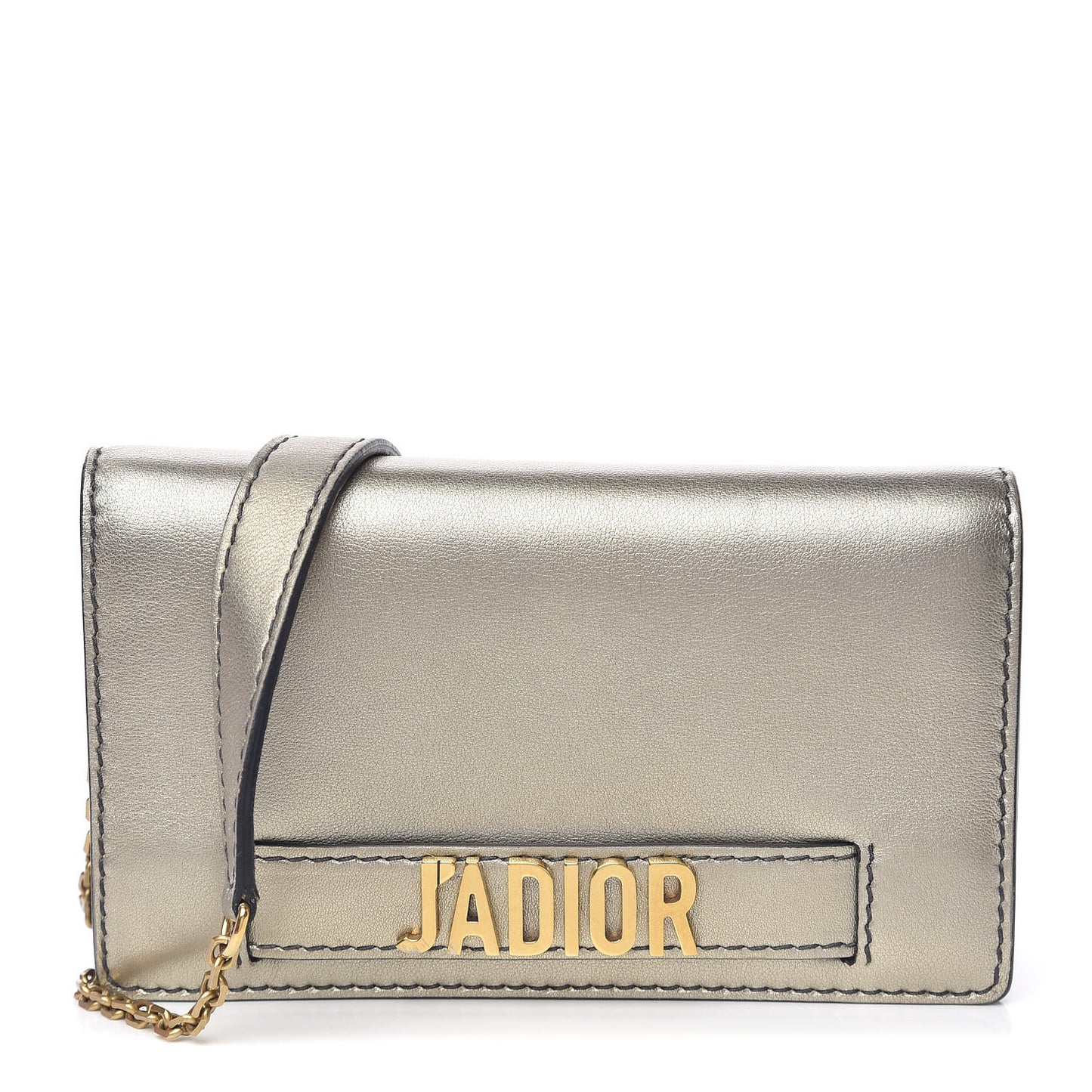 Metallic Calfskin Mini J'Adior Wallet On Chain Pouch Gold