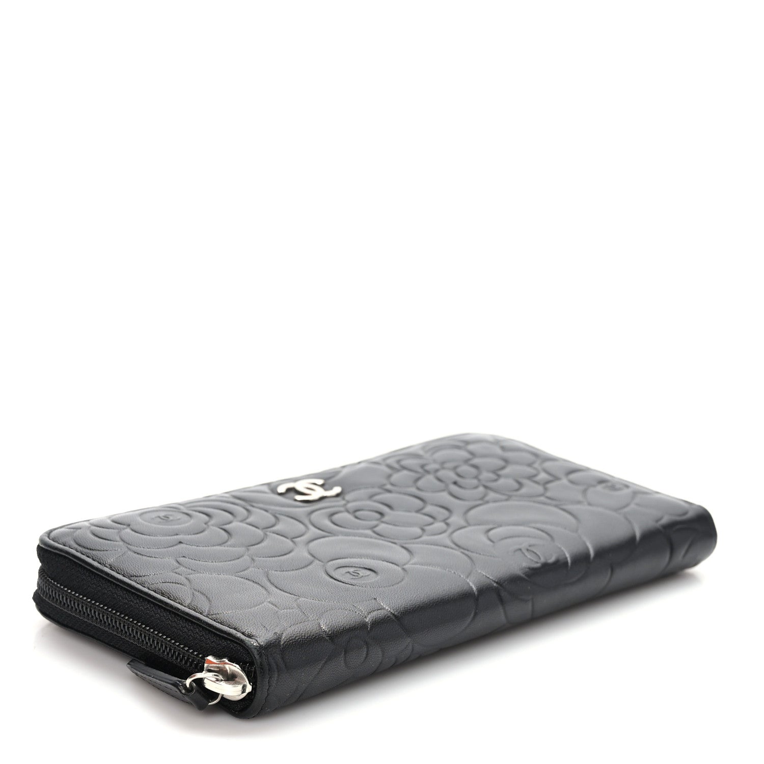 Chanel Lambskin Camellia Embossed Large Zip Around Gusset Wallet Black 4 of 8